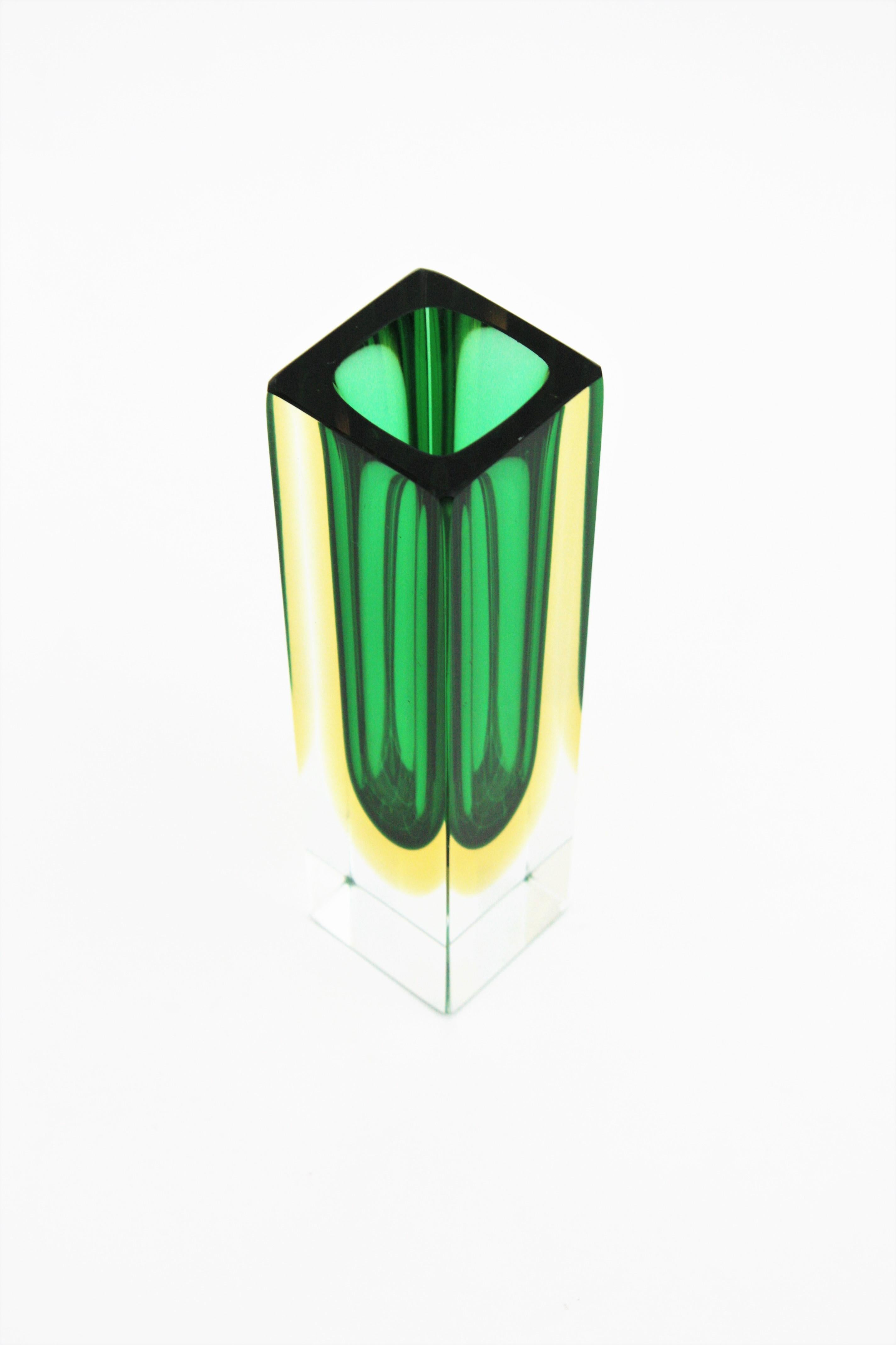 Murano Glass Flavio Poli Murano Faceted Sommerso Green Yellow and Clear Art Glass Vase For Sale