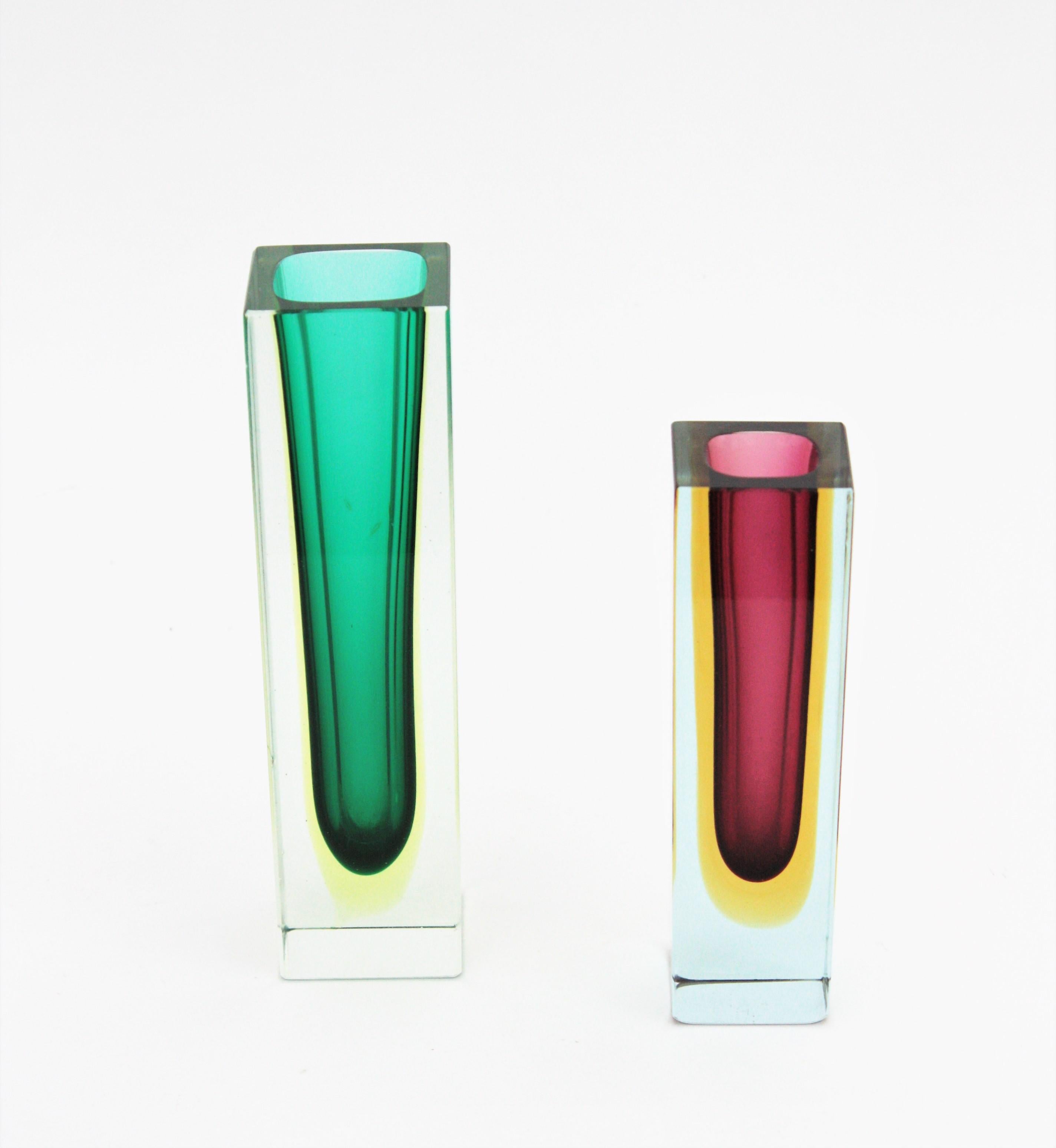 Flavio Poli Murano Faceted Sommerso Green Yellow and Clear Glass Vase 1