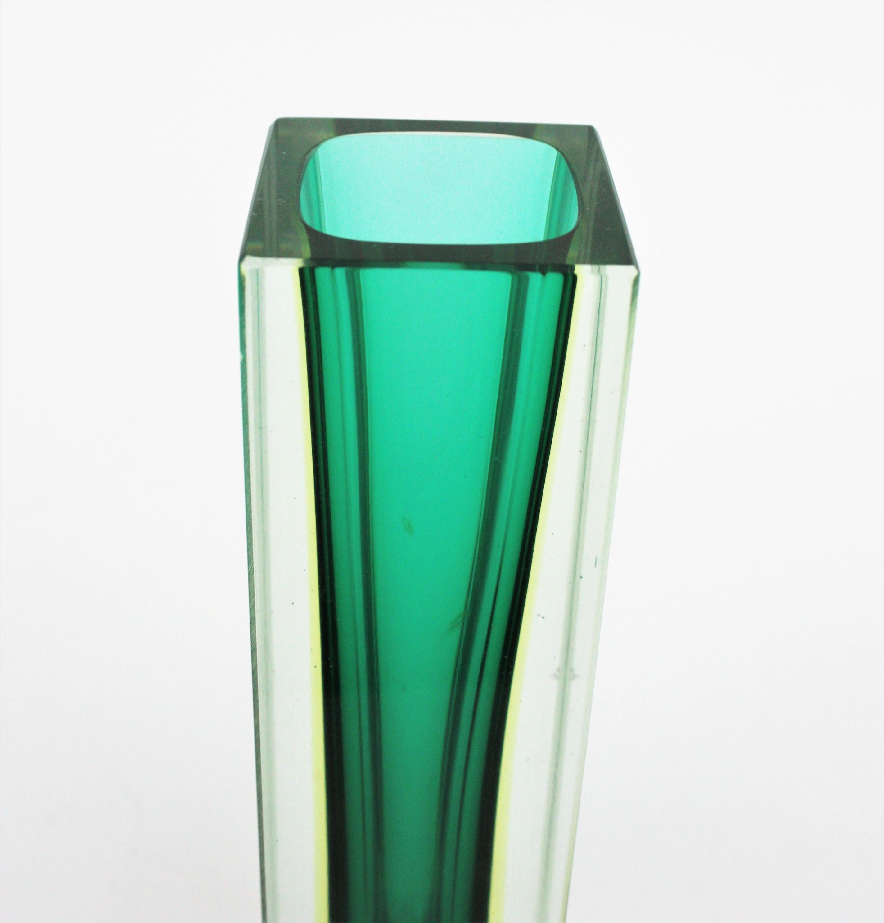 Italian Flavio Poli Murano Faceted Sommerso Green Yellow and Clear Glass Vase