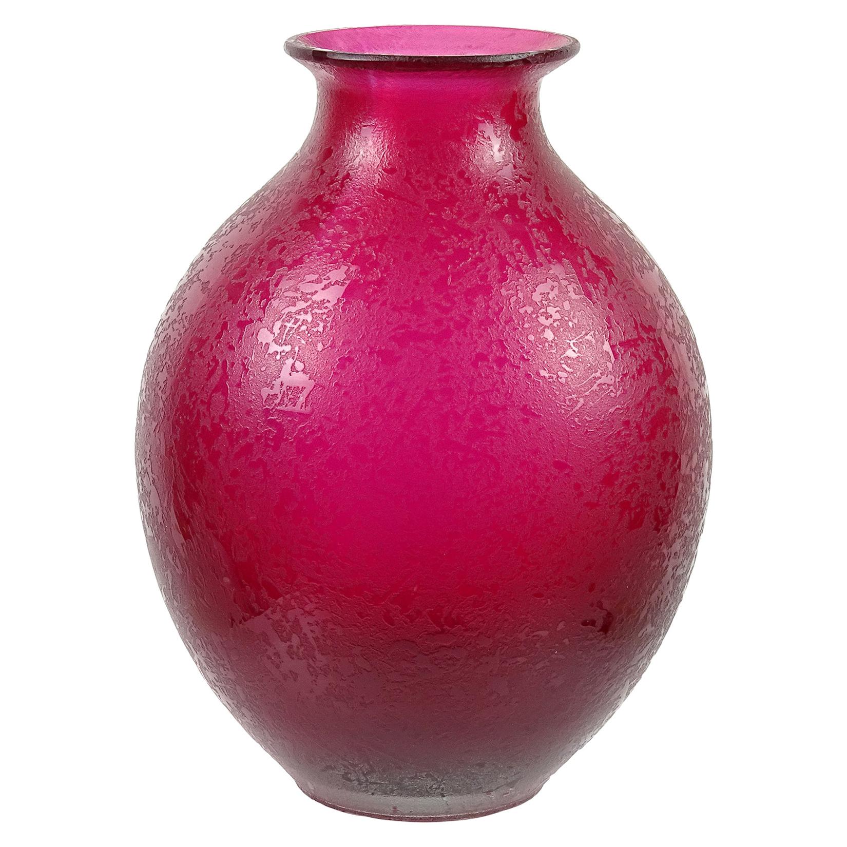 Flavio Poli Murano Fuchsia Red Corroso Surface Italian Art Glass Flower Vase