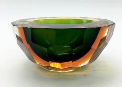 Flavio Poli Murano Green and Amber Faceted Glass Diamond Bowl or Ashtray