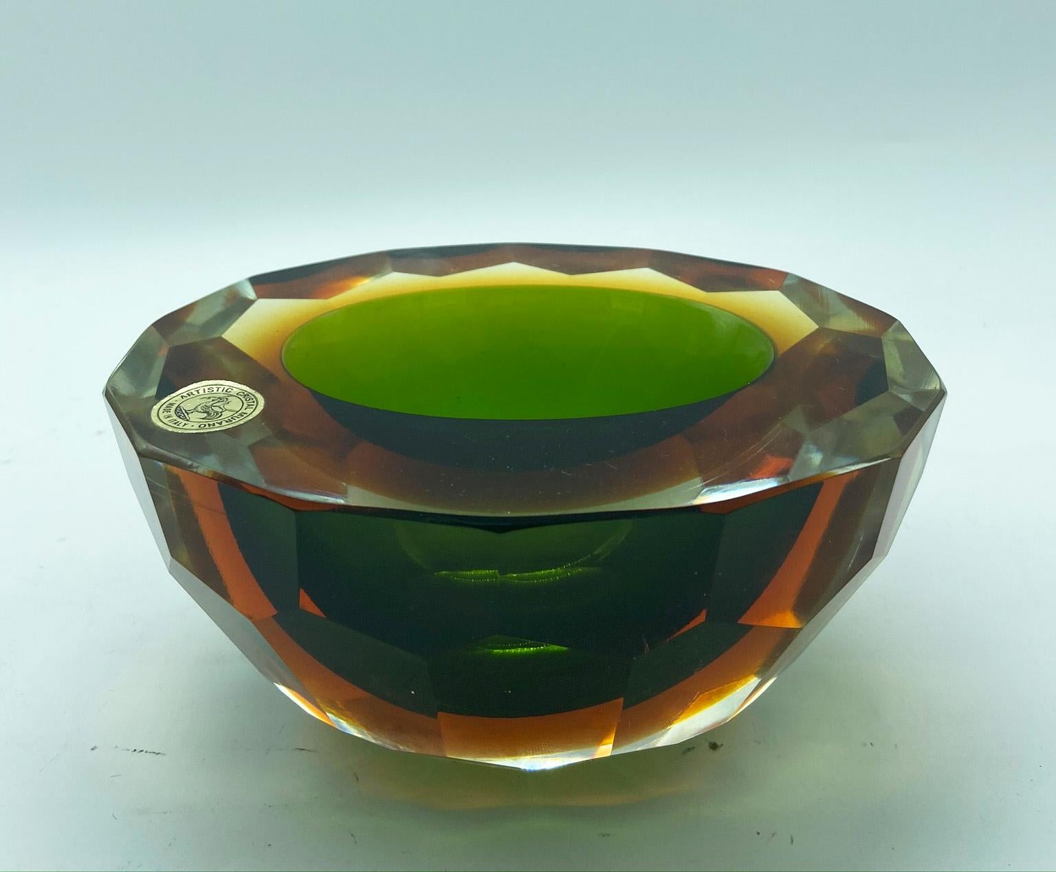 Adam Style Flavio Poli Murano Green and Amber Faceted Glass Diamond Bowl or Ashtray