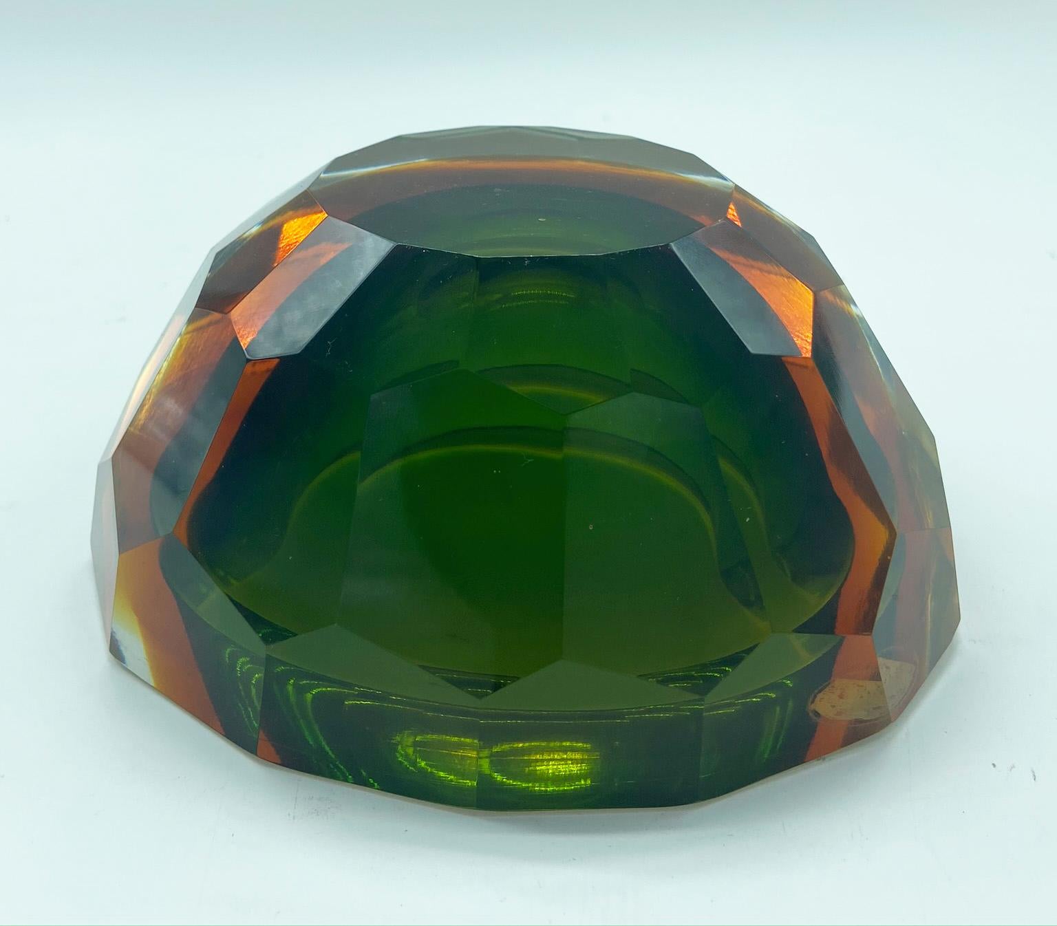 Italian Flavio Poli Murano Green and Amber Faceted Glass Diamond Bowl or Ashtray