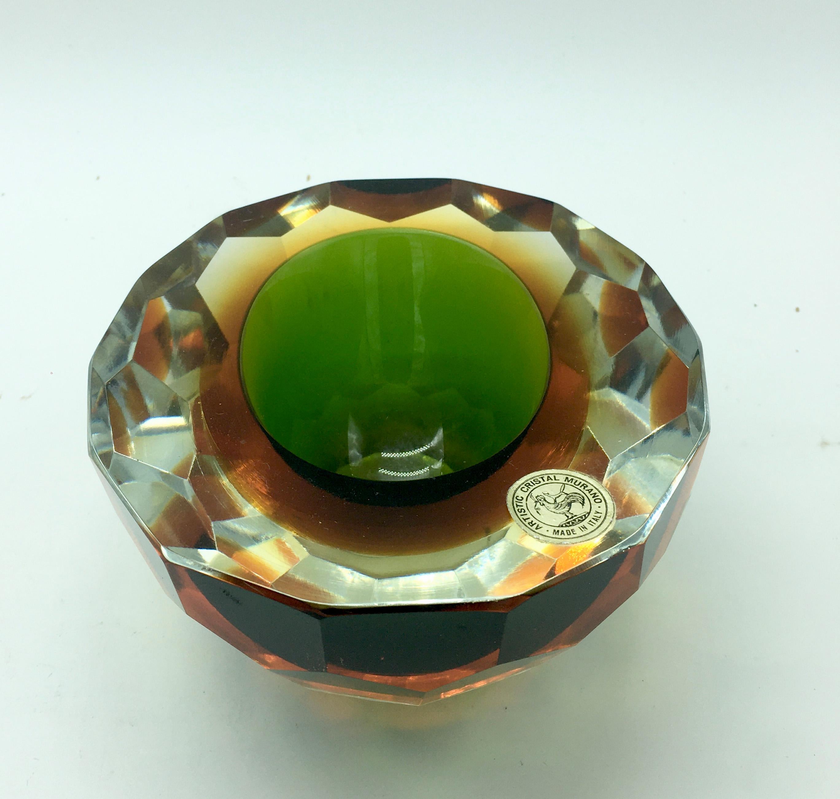 Mid-20th Century Flavio Poli Murano Green and Amber Faceted Glass Diamond Bowl or Ashtray