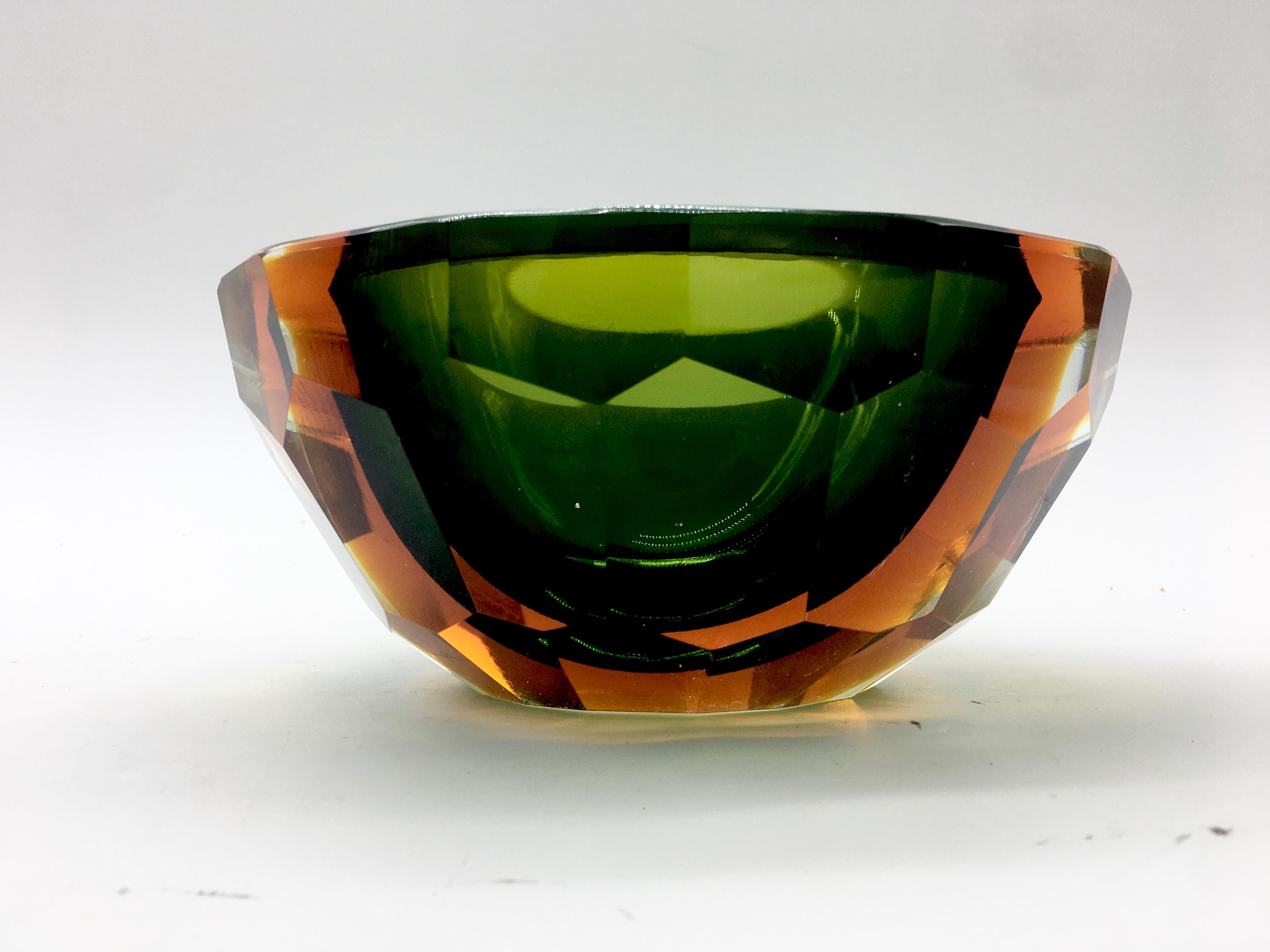 Murano Glass Flavio Poli Murano Green and Amber Faceted Glass Diamond Bowl or Ashtray
