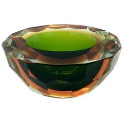 Vintage Flavio Poli Murano Green and Amber Faceted Glass Diamond Bowl or Ashtray