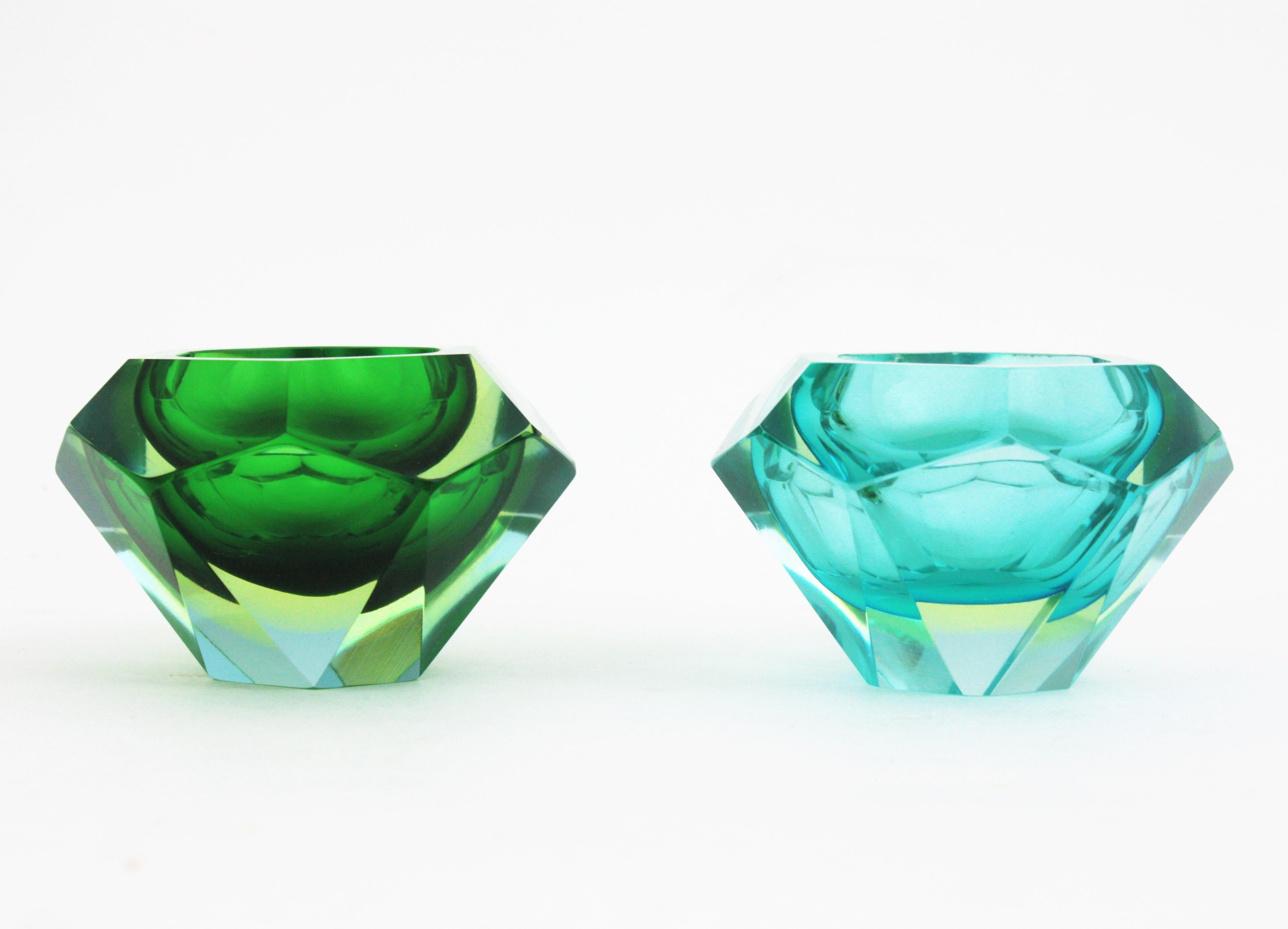 Flavio Poli Murano Green Yellow Sommerso Faceted Art Glass Bowl (bol en verre d'art à facettes) en vente 7