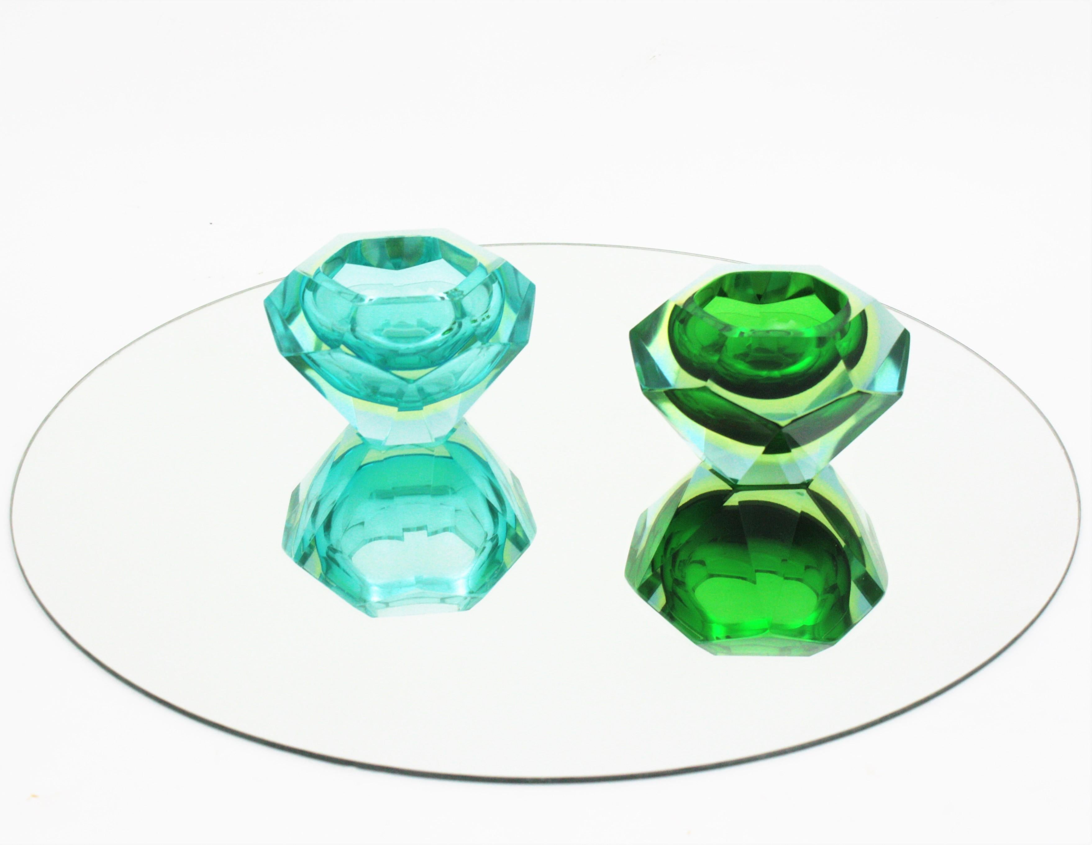 Flavio Poli Murano Green Yellow Sommerso Faceted Art Glass Bowl (bol en verre d'art à facettes) Bon état - En vente à Barcelona, ES