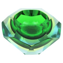Flavio Poli Murano Green Yellow Sommerso Faceted Art Glass Bowl