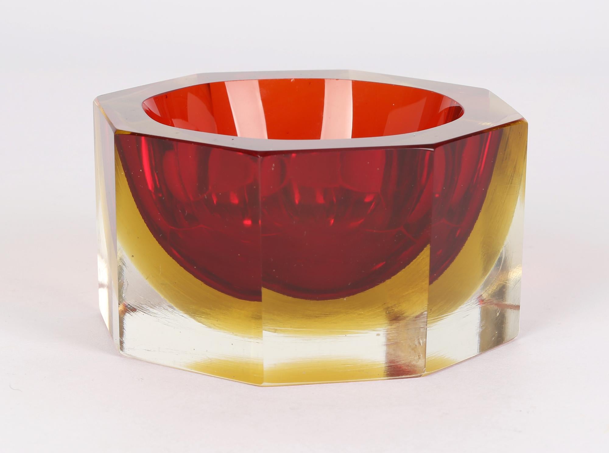 A stunning and heavily made Italian mid-century Murano sommerso octagonal glass bowl with yellow halo and red glass by Flavio Poli (Italian, 1900-1984) for Seguso. The bowl may also have been made as an ashtray however does not appear to have been