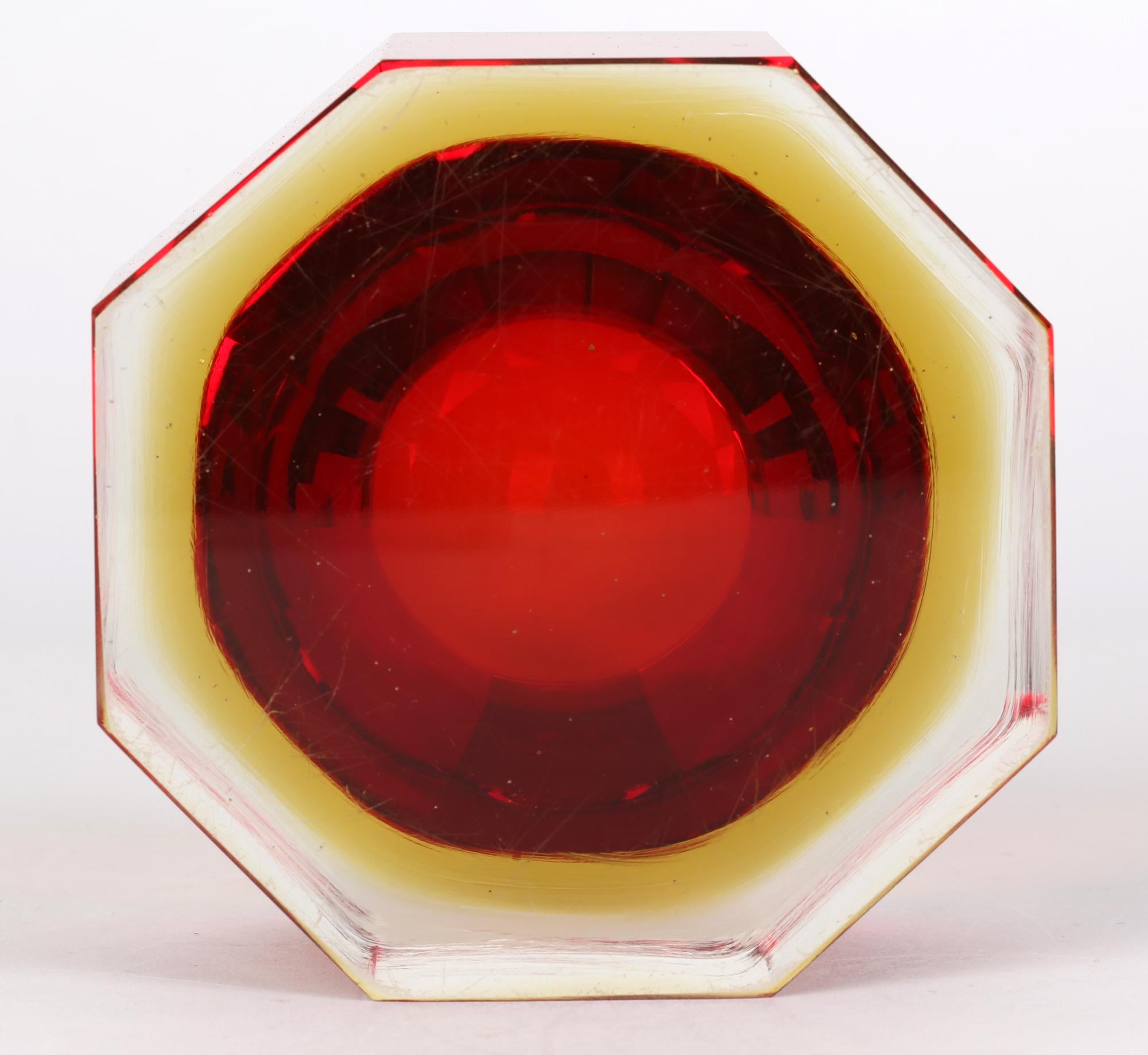 Blown Glass Flavio Poli Murano Mid-Century Heavy Octagonal Sommerso Glass Bowl for Seguso