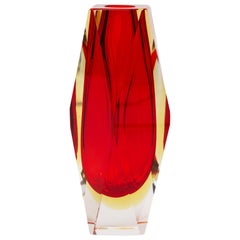 Flavio Poli Murano Midcentury Sommerso Facet Cut Red Cased Glass Vase