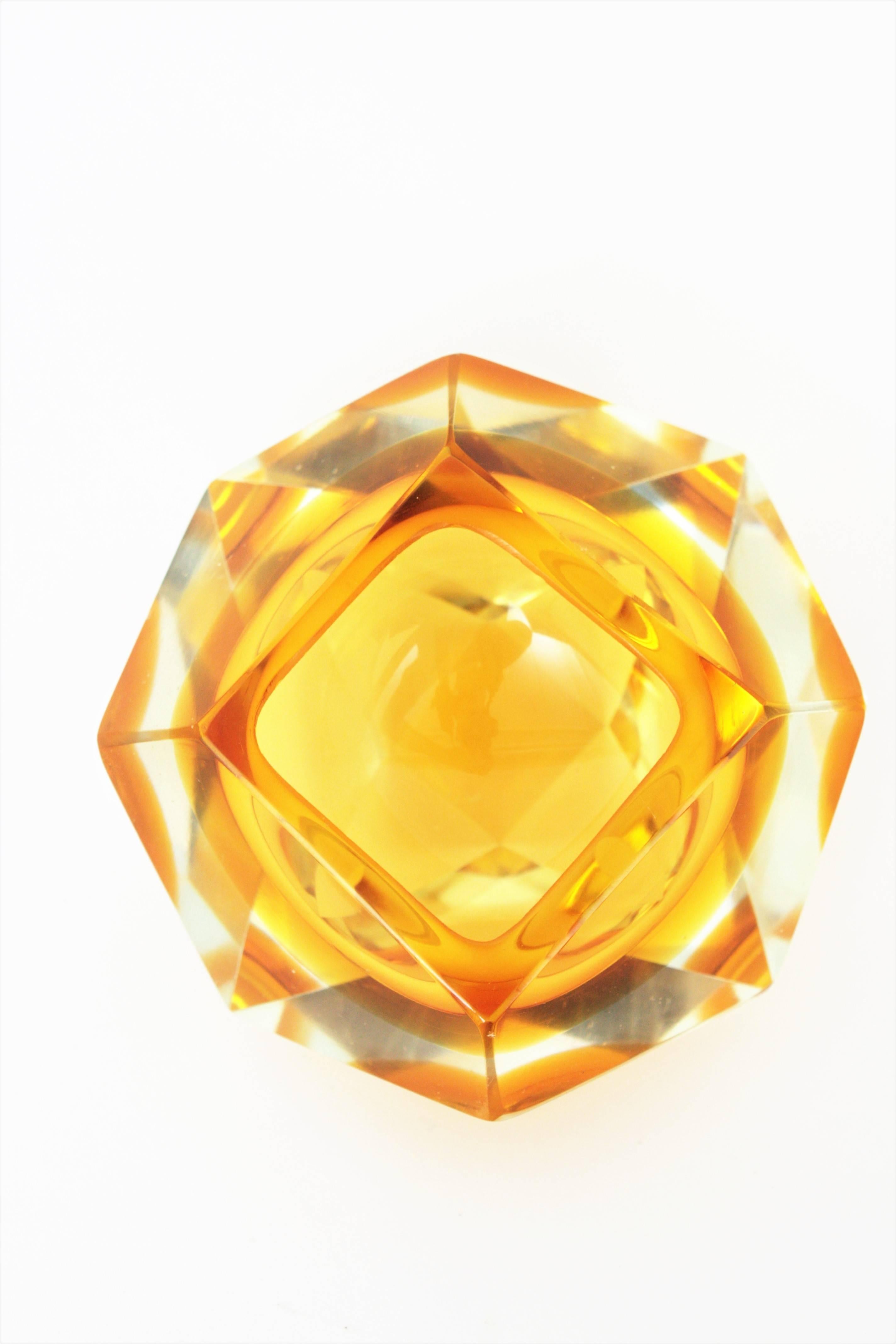 Italian Flavio Poli Murano Orange Yellow Sommerso Faceted Art Glass Bowl