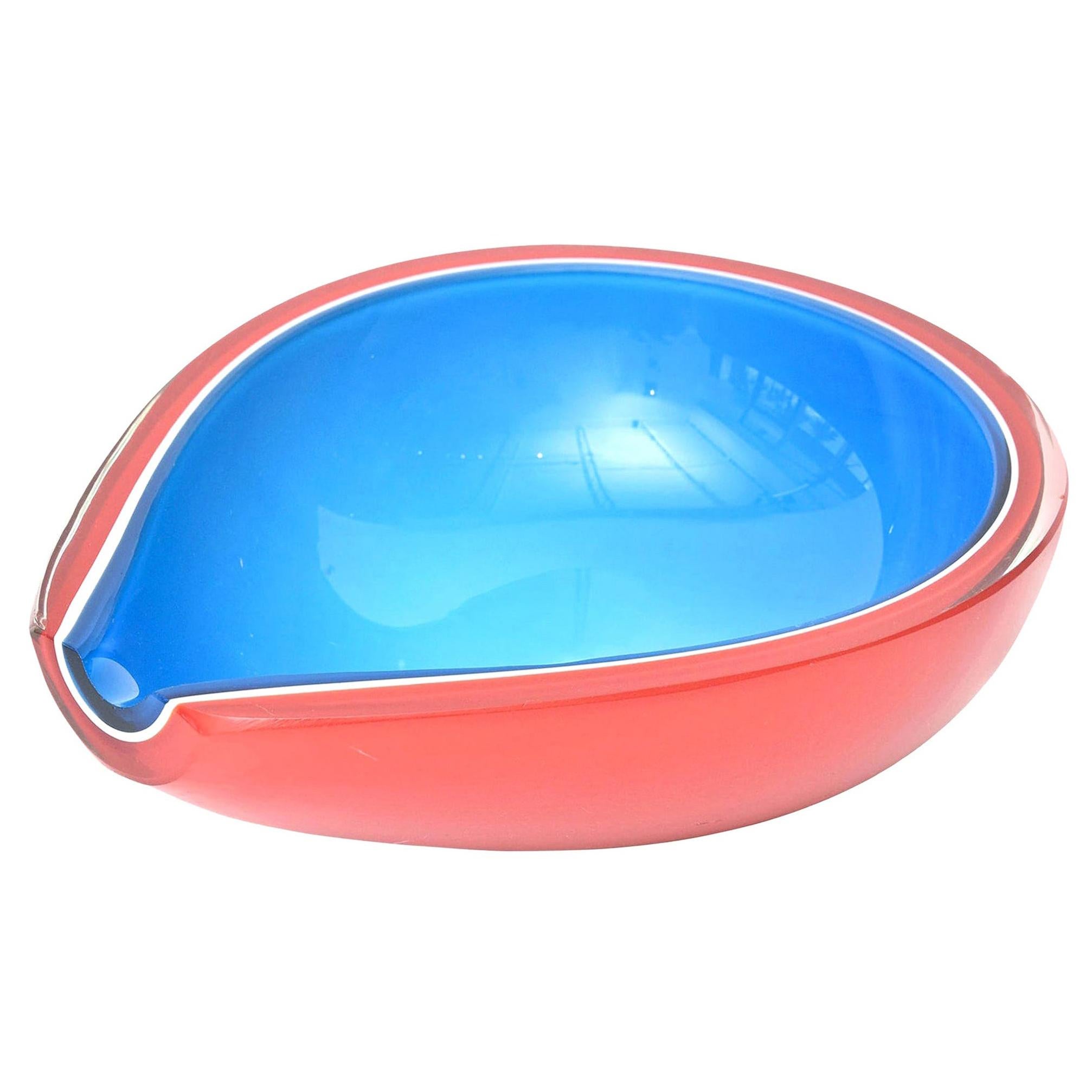 Flavio Poli Murano Red, Sapphire Blue, White Tear Drop Cased Glass Bowl Vintage For Sale