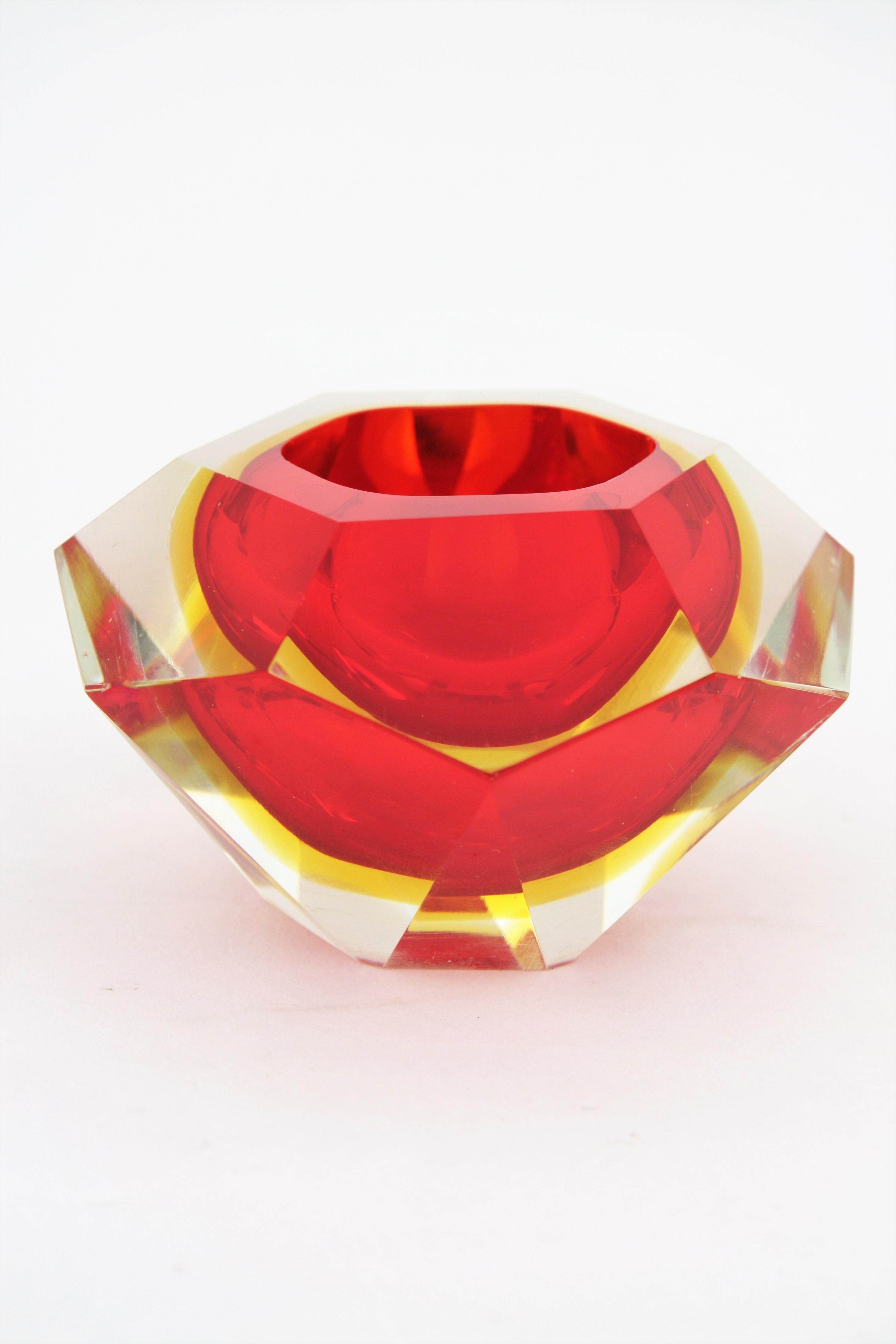 Italian Flavio Poli Murano Red, Yellow and Clear Faceted Glass Diamond Bowl or Ashtray For Sale