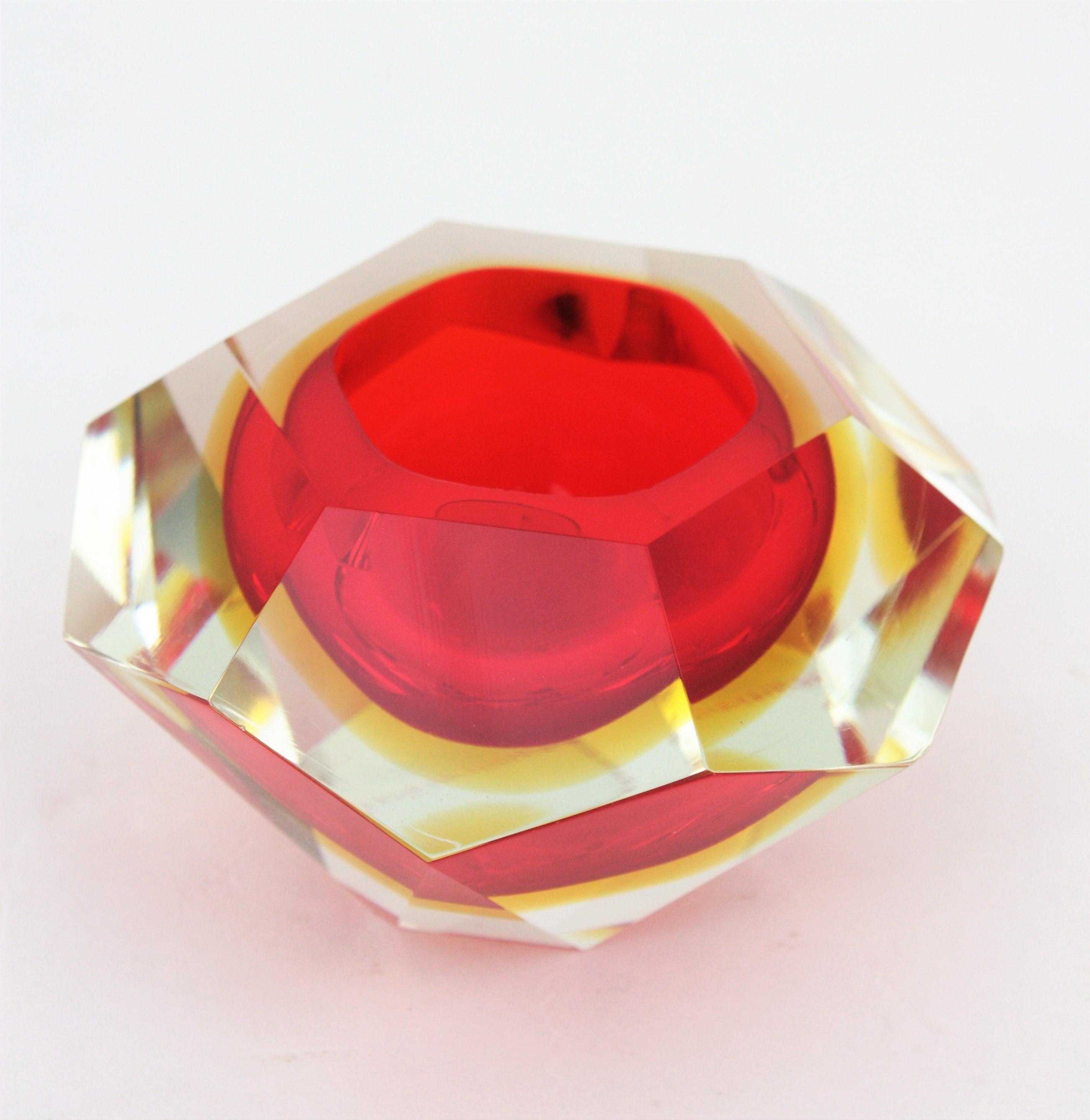 Art Glass Flavio Poli Murano Red, Yellow and Clear Faceted Glass Diamond Bowl or Ashtray For Sale