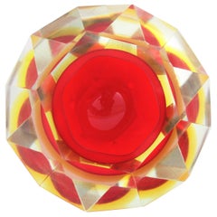 Flavio Poli Murano Red yellow Sommerso Diamond Faceted Art Glass Bowl Ashtray