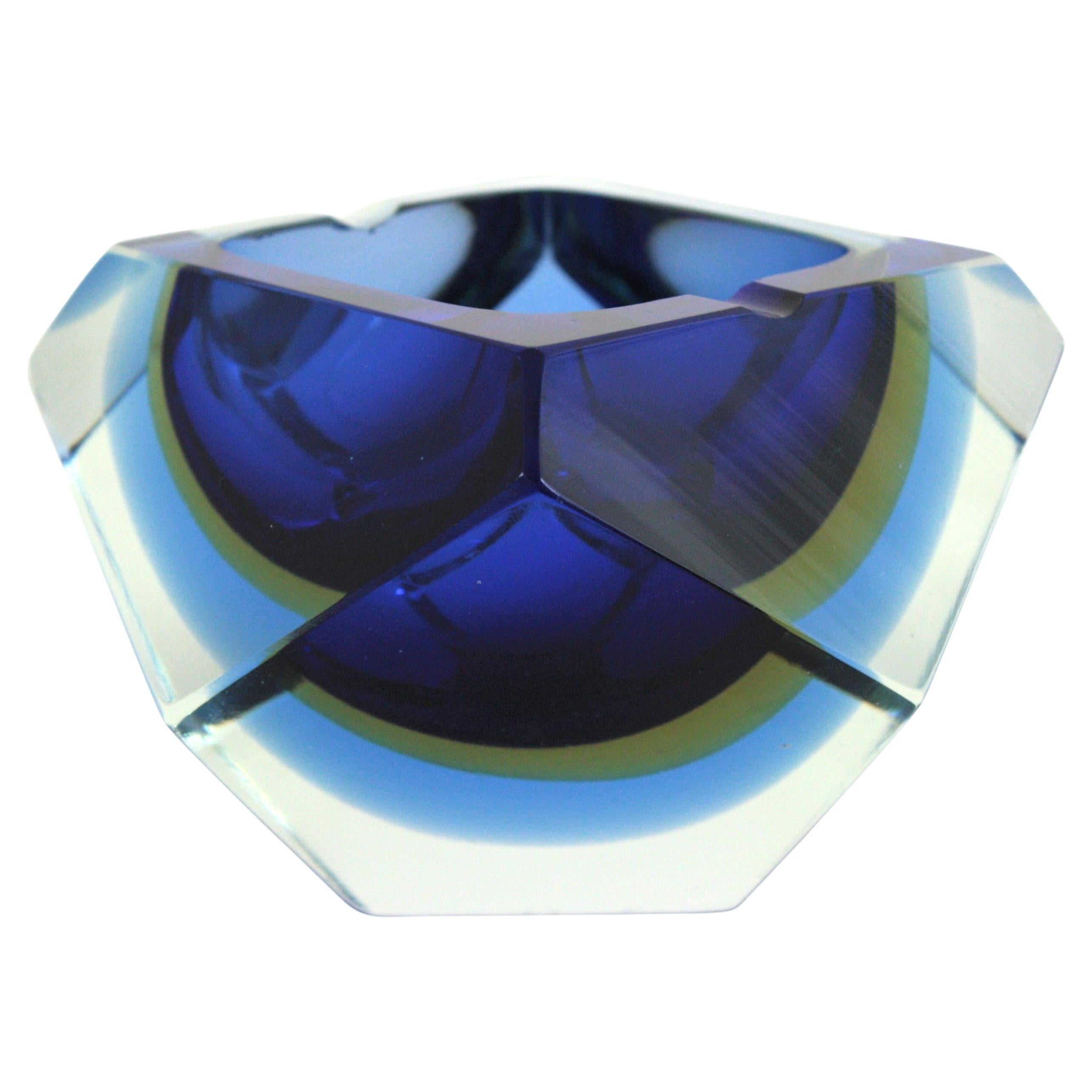 Flavio Poli Murano Sommerso Blue Yellow Faceted Glass Bowl / Ashtray, 1950s