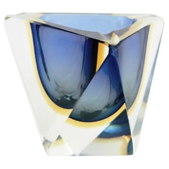 Flavio Poli Murano Sommerso Triangular Art Glass Bowl / Ashtray, Blue & Yellow