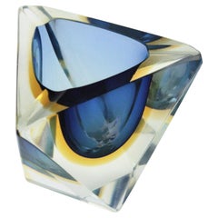 Flavio Poli Murano Sommerso Triangular Art Glass Bowl / Ashtray, Blue & Yellow