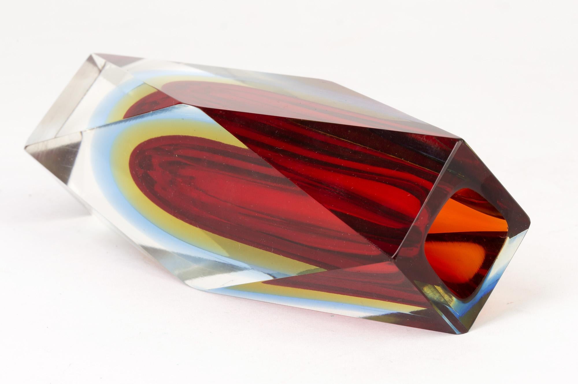 Mid-Century Modern Flavio Poli Murano Sommerso Double Halo Facet Cut Art Glass Vase