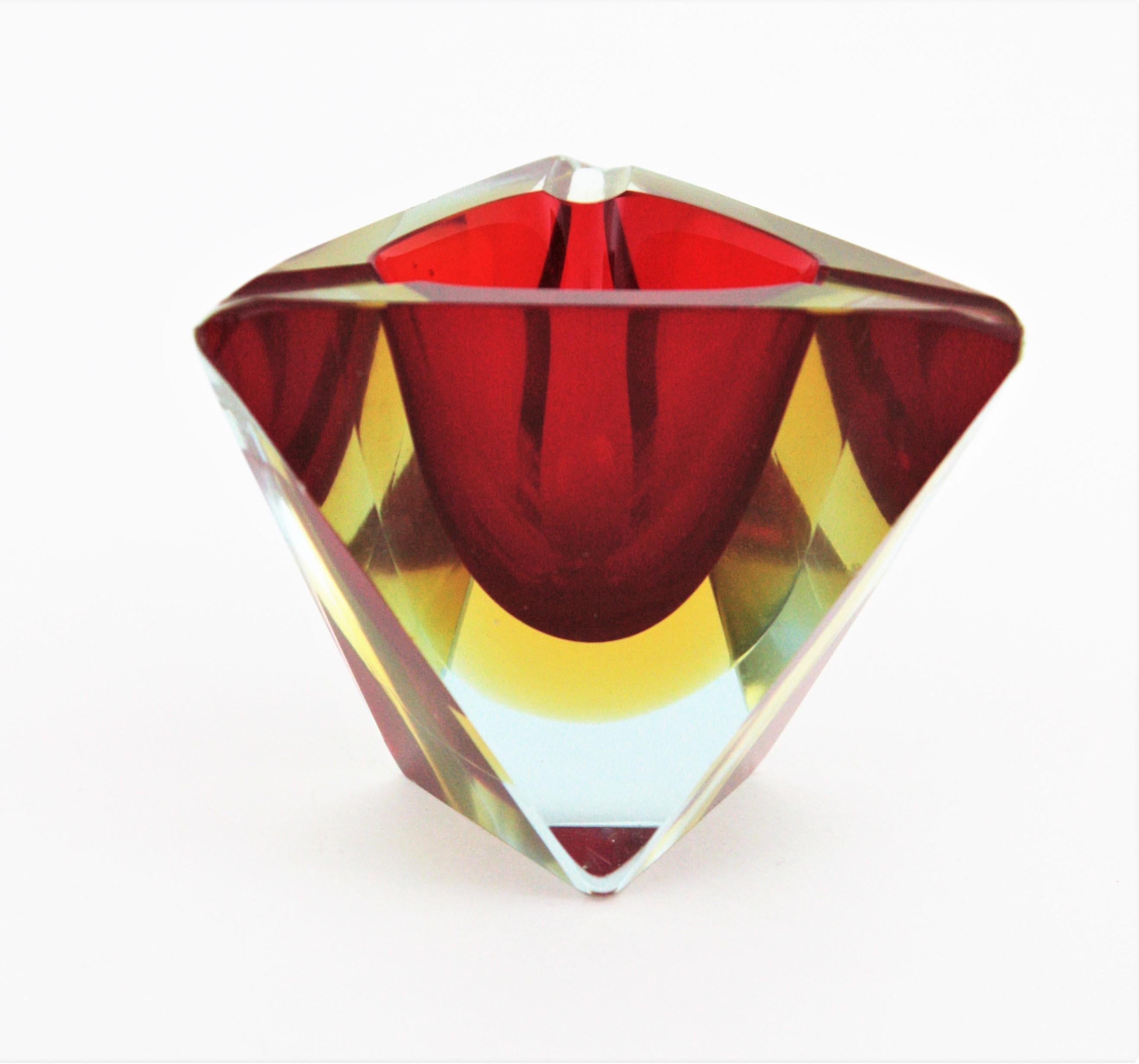 Italian Flavio Poli Murano Sommerso Red Yellow Faceted Triangular Glass Ashtray / Bowl For Sale