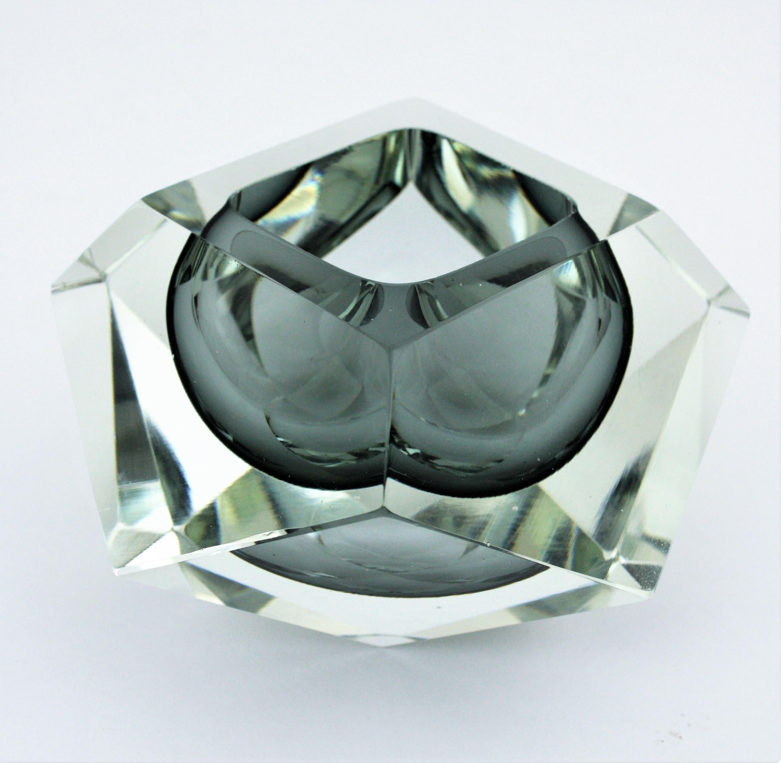 Flavio Poli Murano Sommerso Smoked Grey Faceted Glass Giant Bowl 6