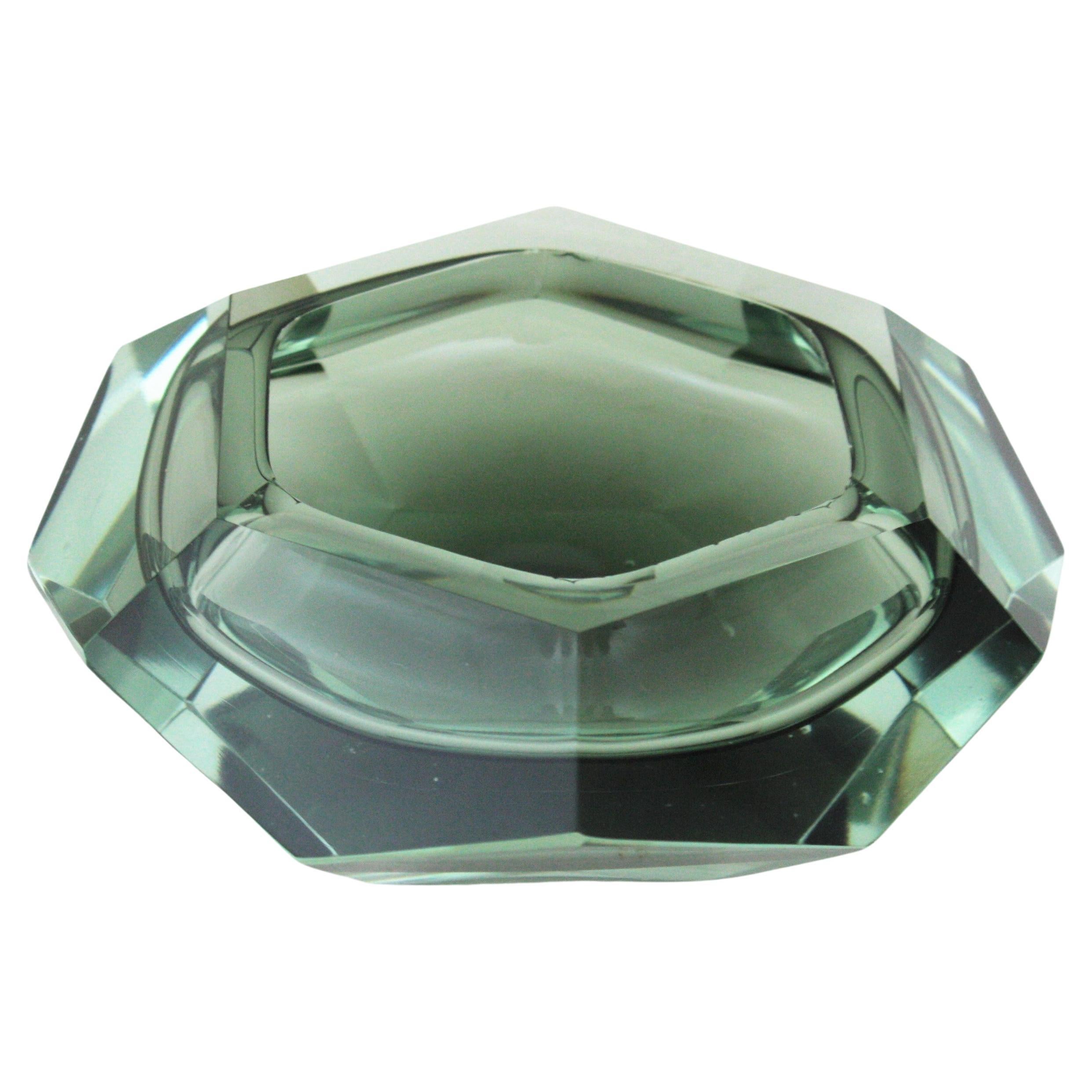 20th Century Flavio Poli Murano Sommerso Smoked Grey Faceted Bowl