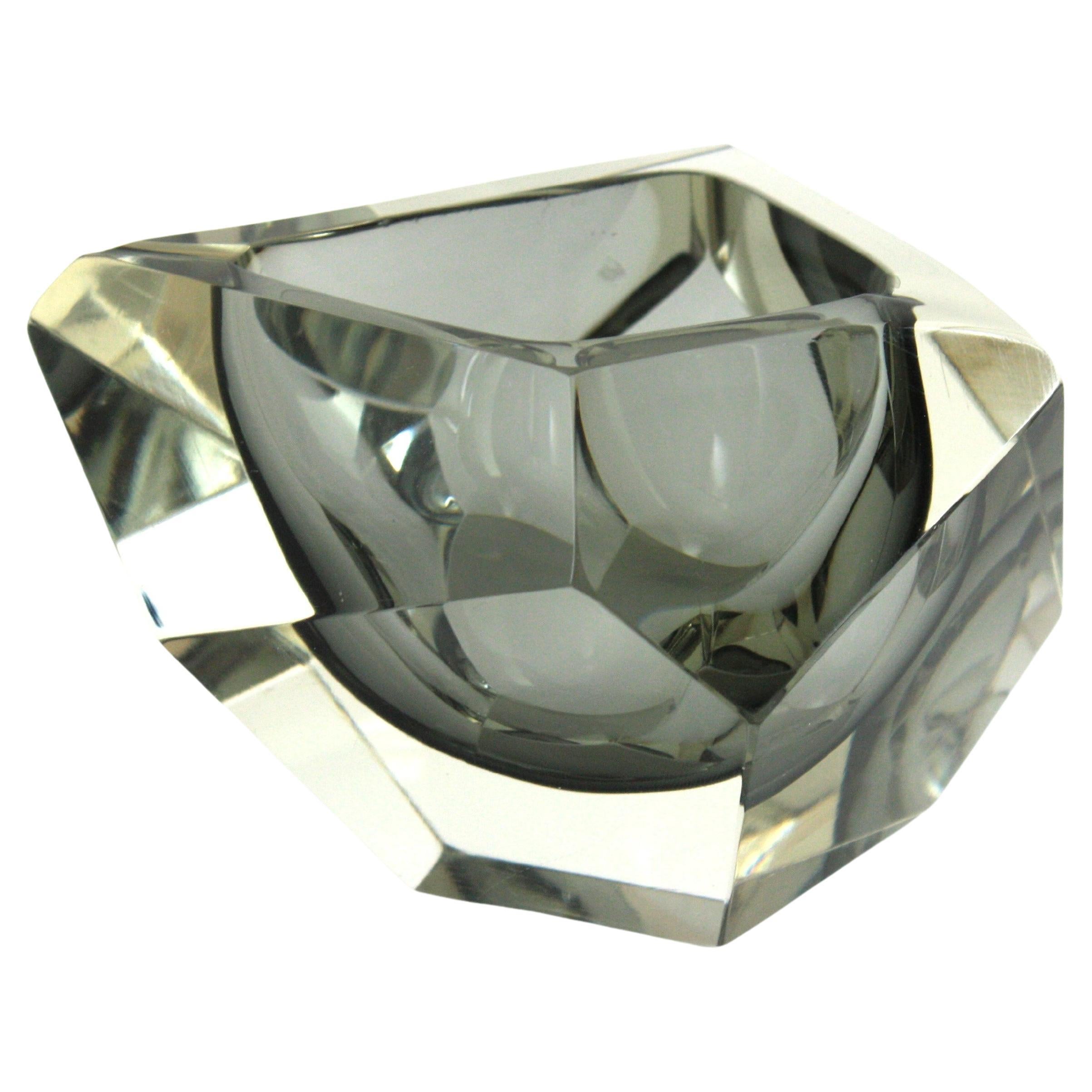Flavio Poli Murano Sommerso Smoked Grey Faceted Glass Bowl / Ashtray, 1950 For Sale