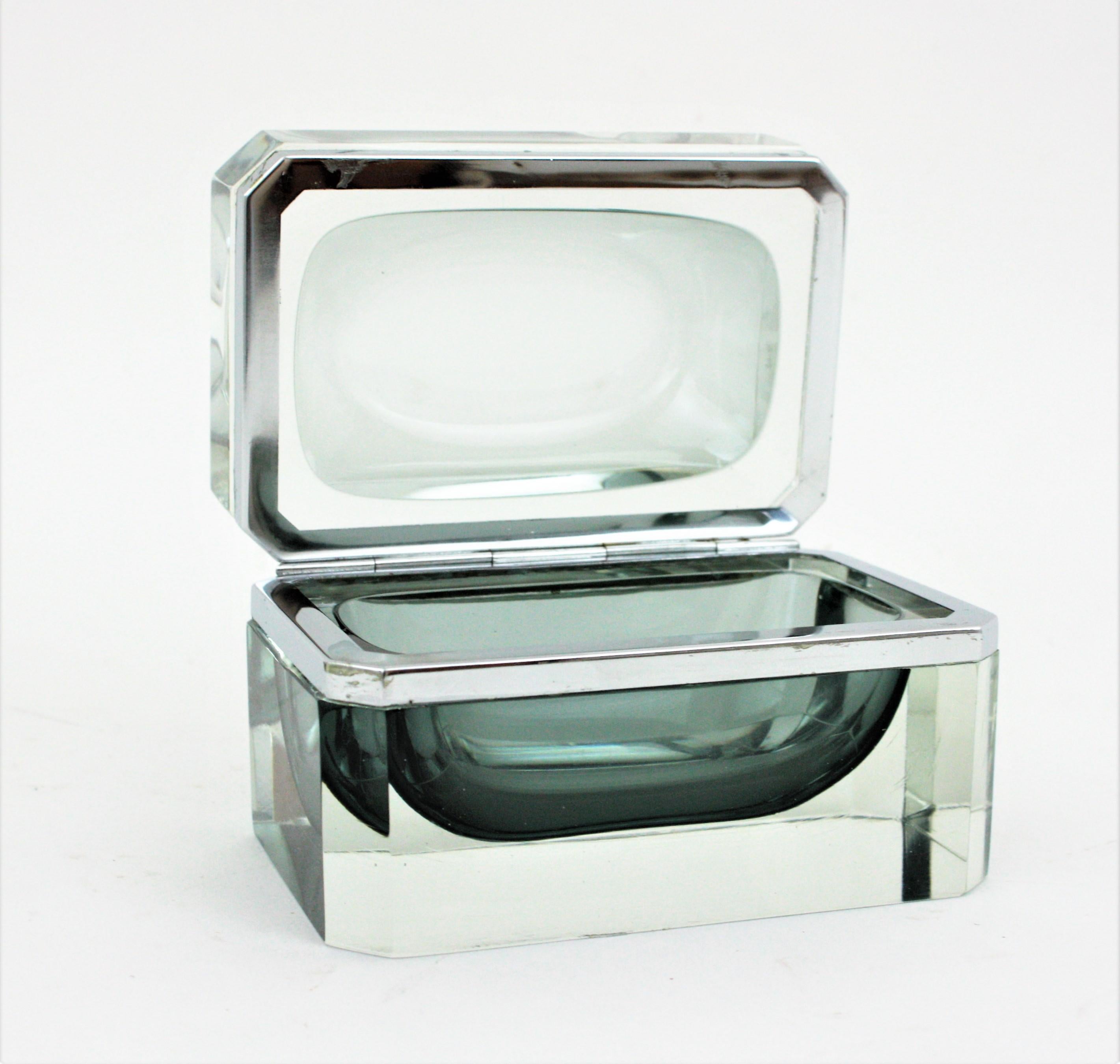 Italian Flavio Poli Murano Sommerso Smoked Grey Faceted Glass Box For Sale