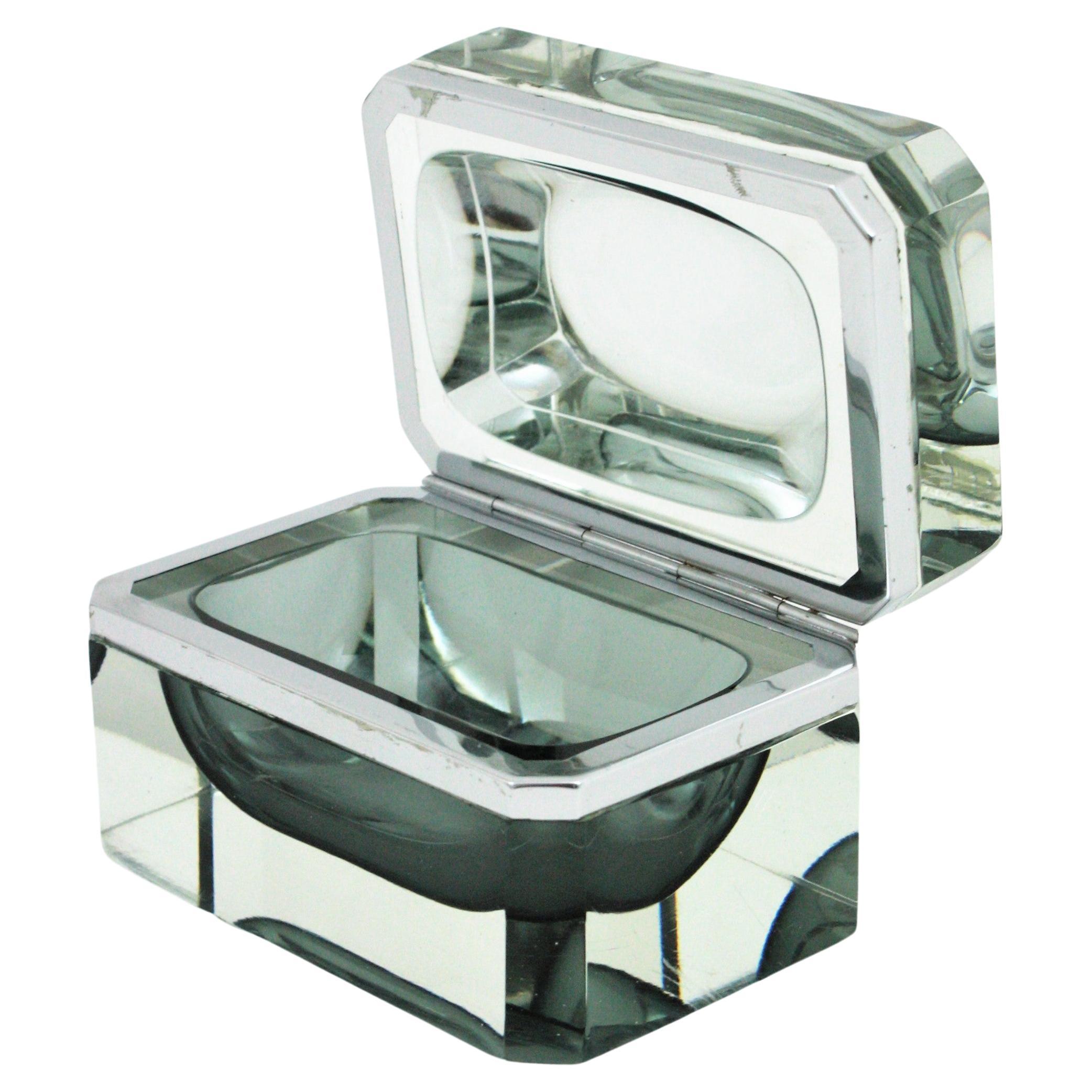 Flavio Poli Murano Sommerso Smoked Grey Faceted Glass Box For Sale