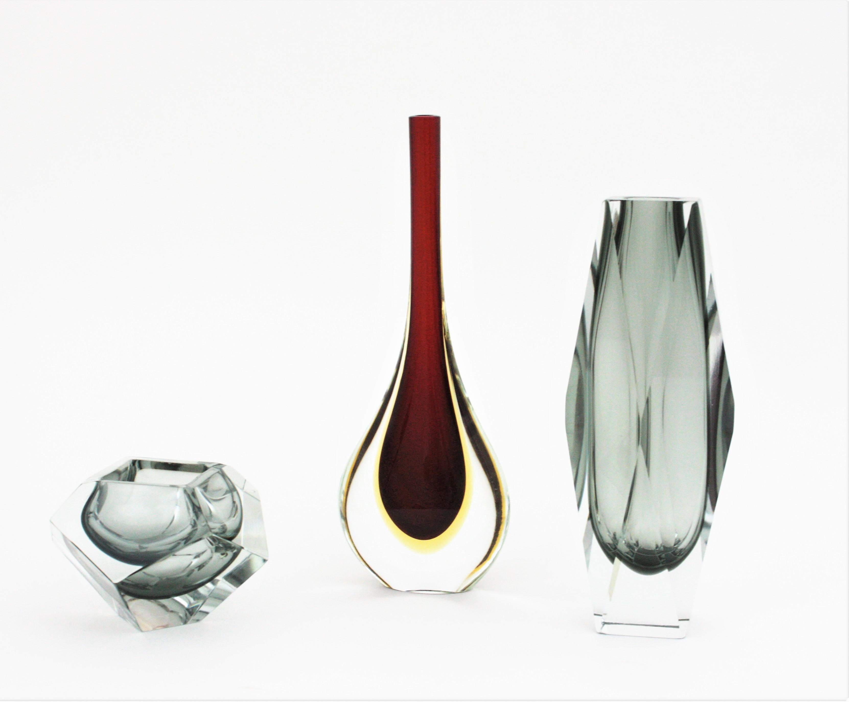 Flavio Poli Murano Sommerso Rauchgrau Facettiertes Glas Riesenschüssel im Angebot 12