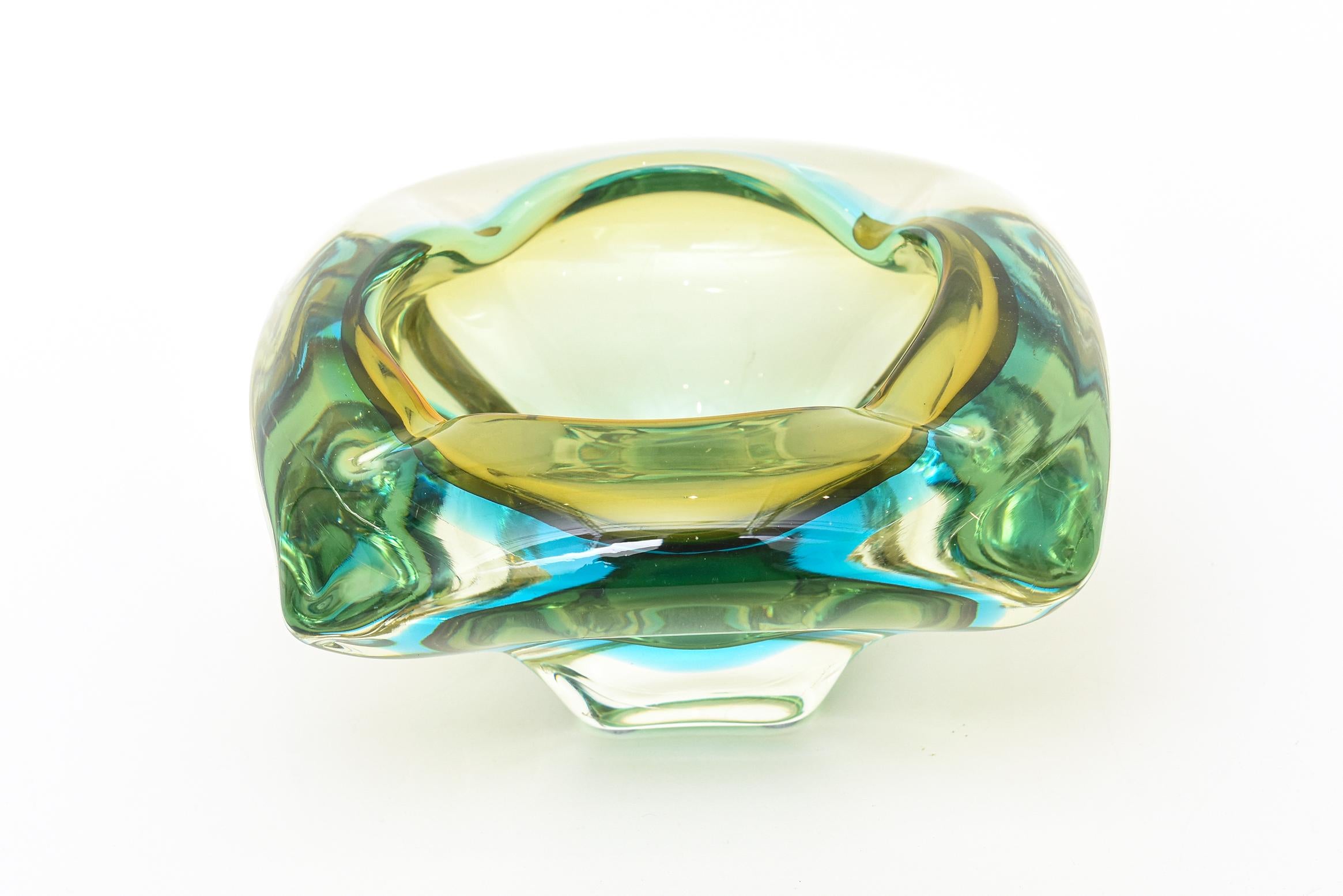 Flavio Poli Vintage Murano Sommerso Turquoise and Green Glass Bowl Or Ashtray For Sale 2