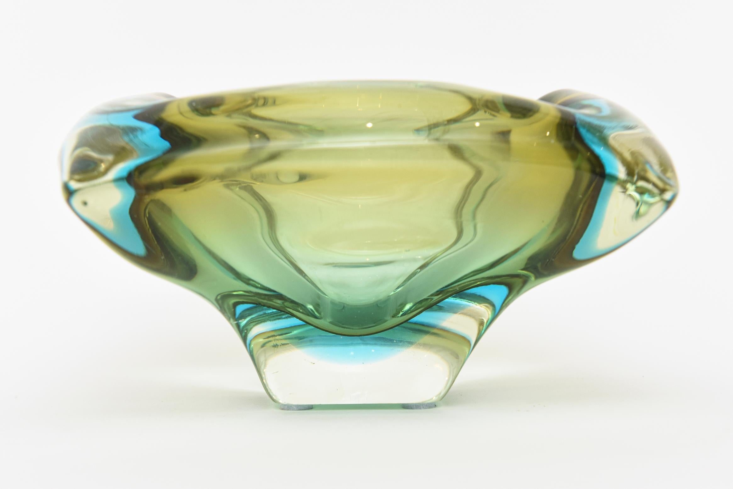 Modern Flavio Poli Murano Sommerso Turquoise and Green Glass Bowl / Ashtray Vintage For Sale