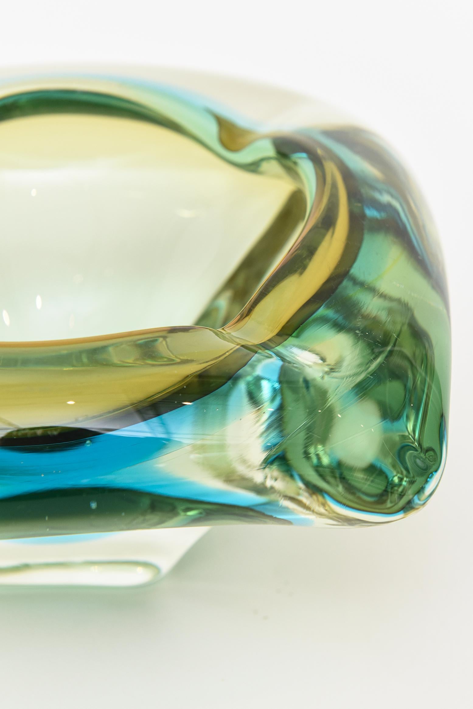 Italian Flavio Poli Vintage Murano Sommerso Turquoise and Green Glass Bowl Or Ashtray For Sale