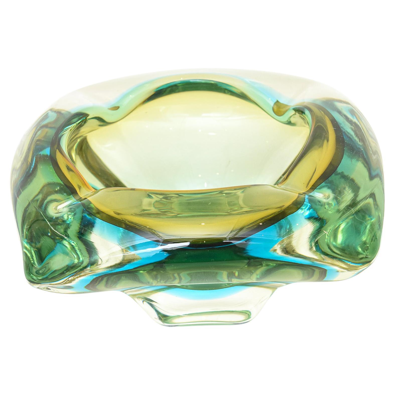 Flavio Poli Vintage Murano Sommerso Turquoise and Green Glass Bowl Or Ashtray For Sale