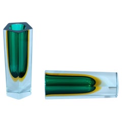 Flavio Poli Murano Sommerso Vases, Green & Yellow Glass, Set of Two