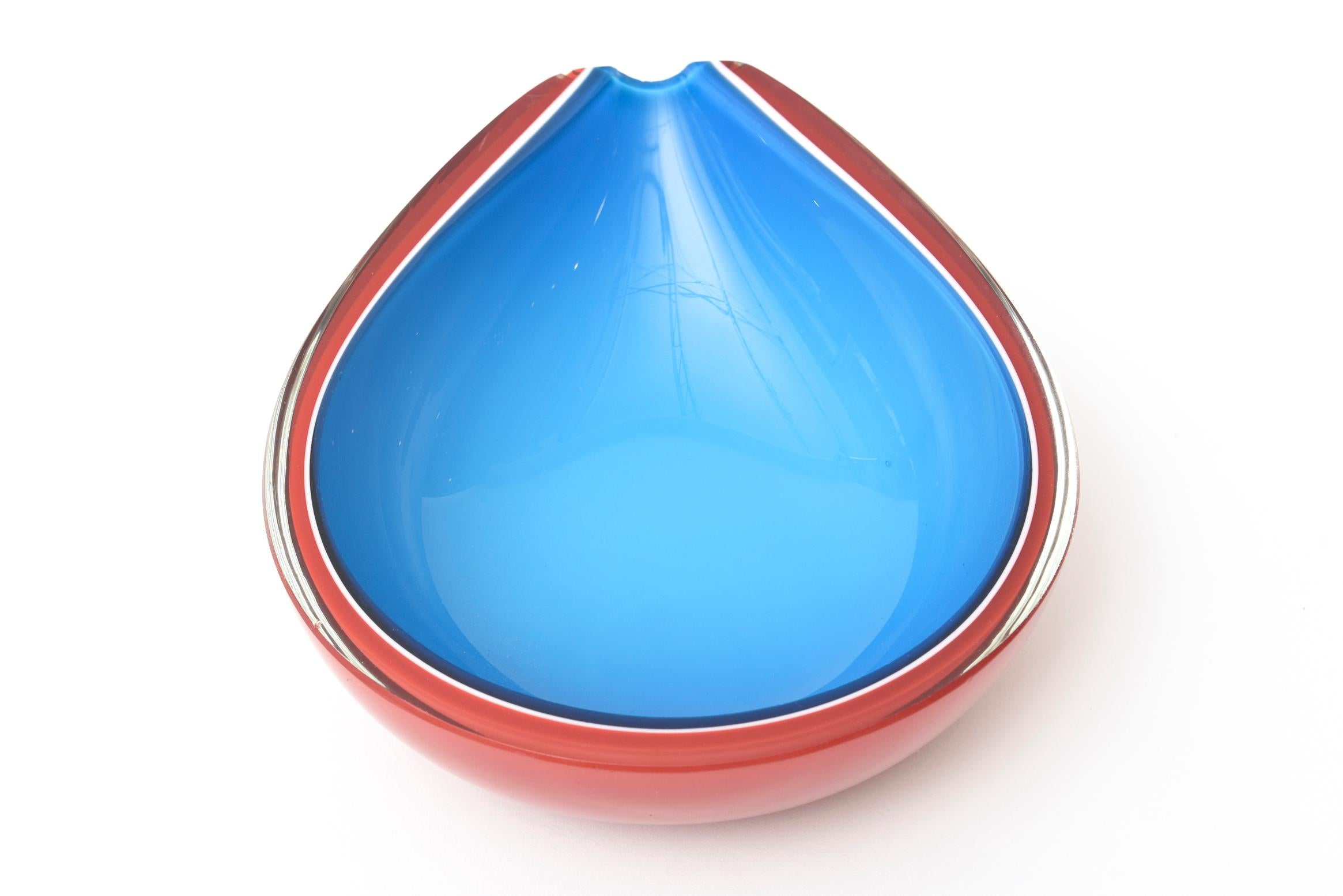 Italian Flavio Poli Murano Red, Sapphire Blue, White Tear Drop Cased Glass Bowl Vintage For Sale