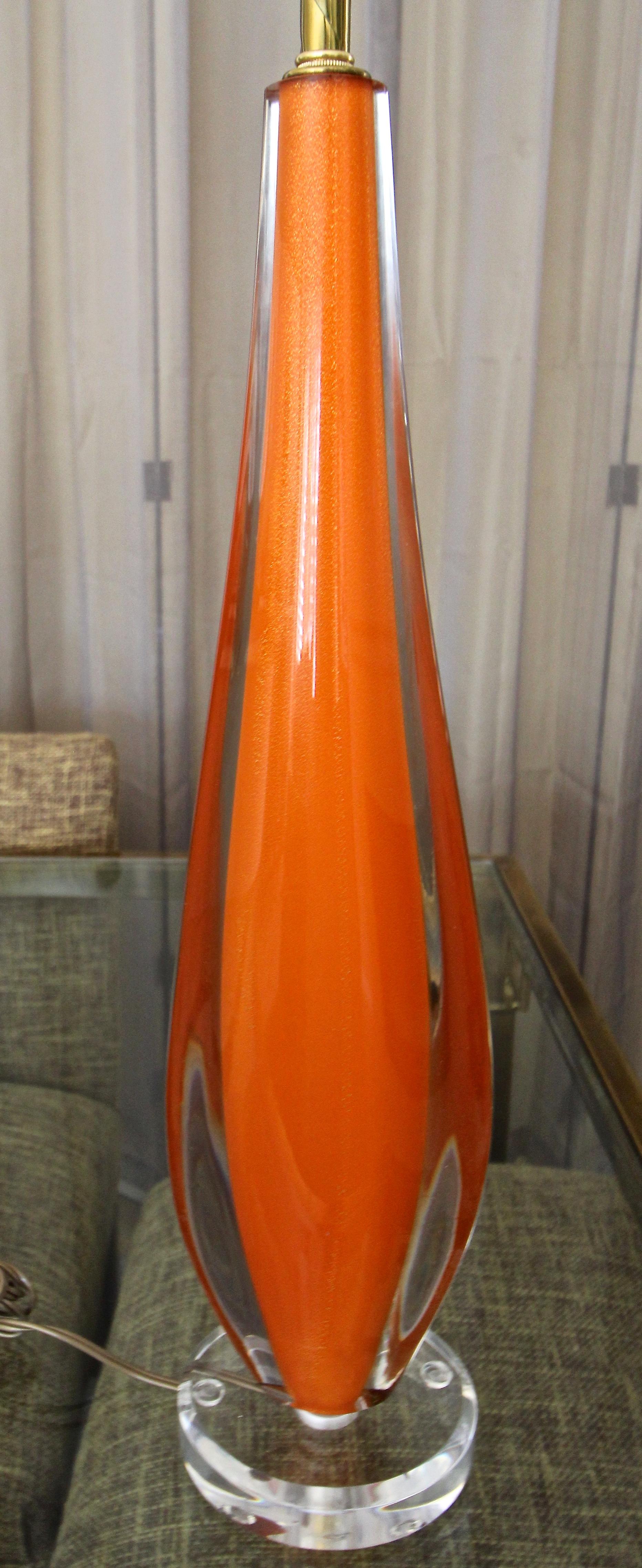 Brass Flavio Poli Orange Murano Glass Table Lamp For Sale