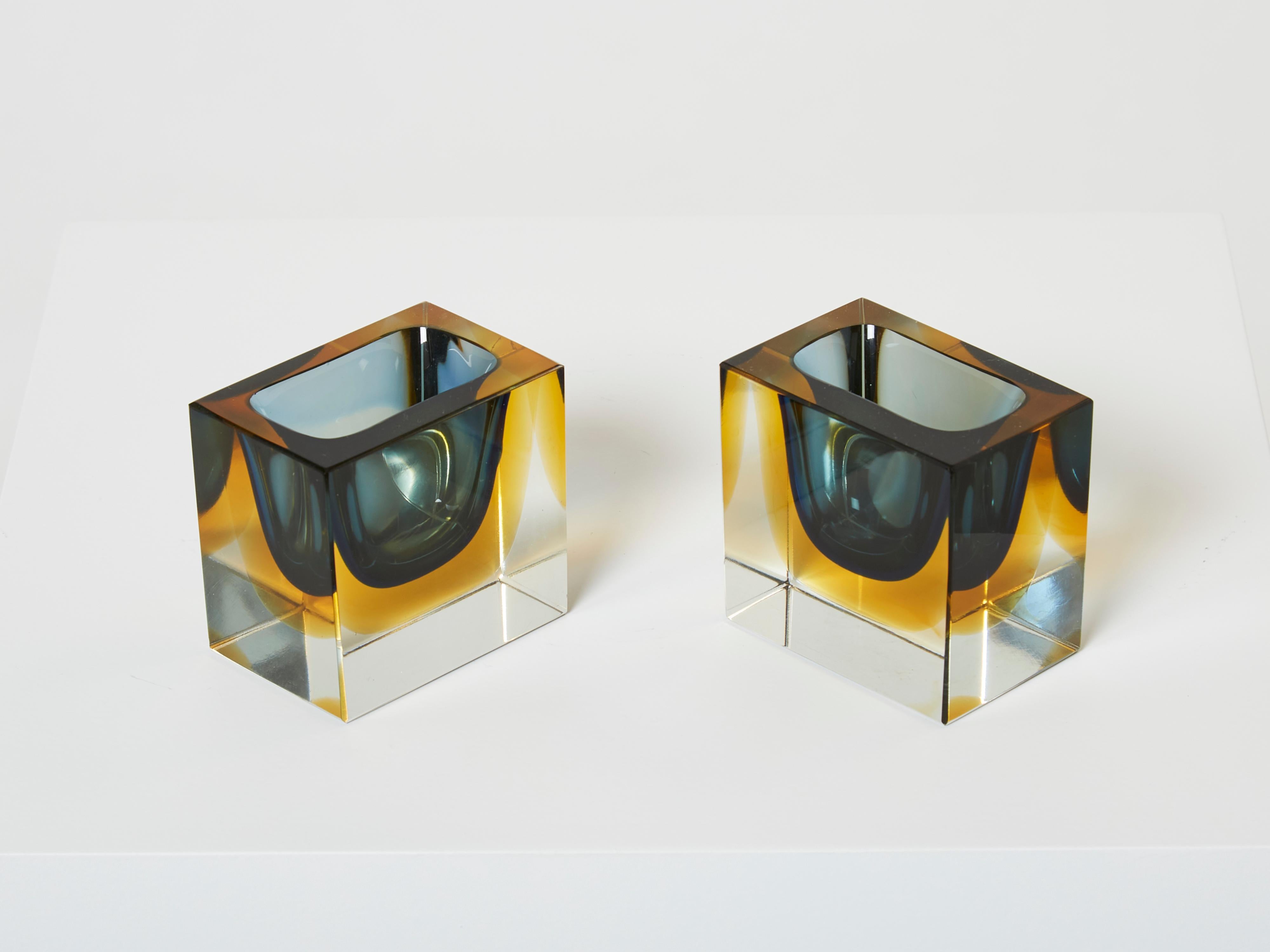 Mid-Century Modern Paire de petits bols à facettes en verre de Murano de Flavio Poli pour Seguso, 1960 en vente