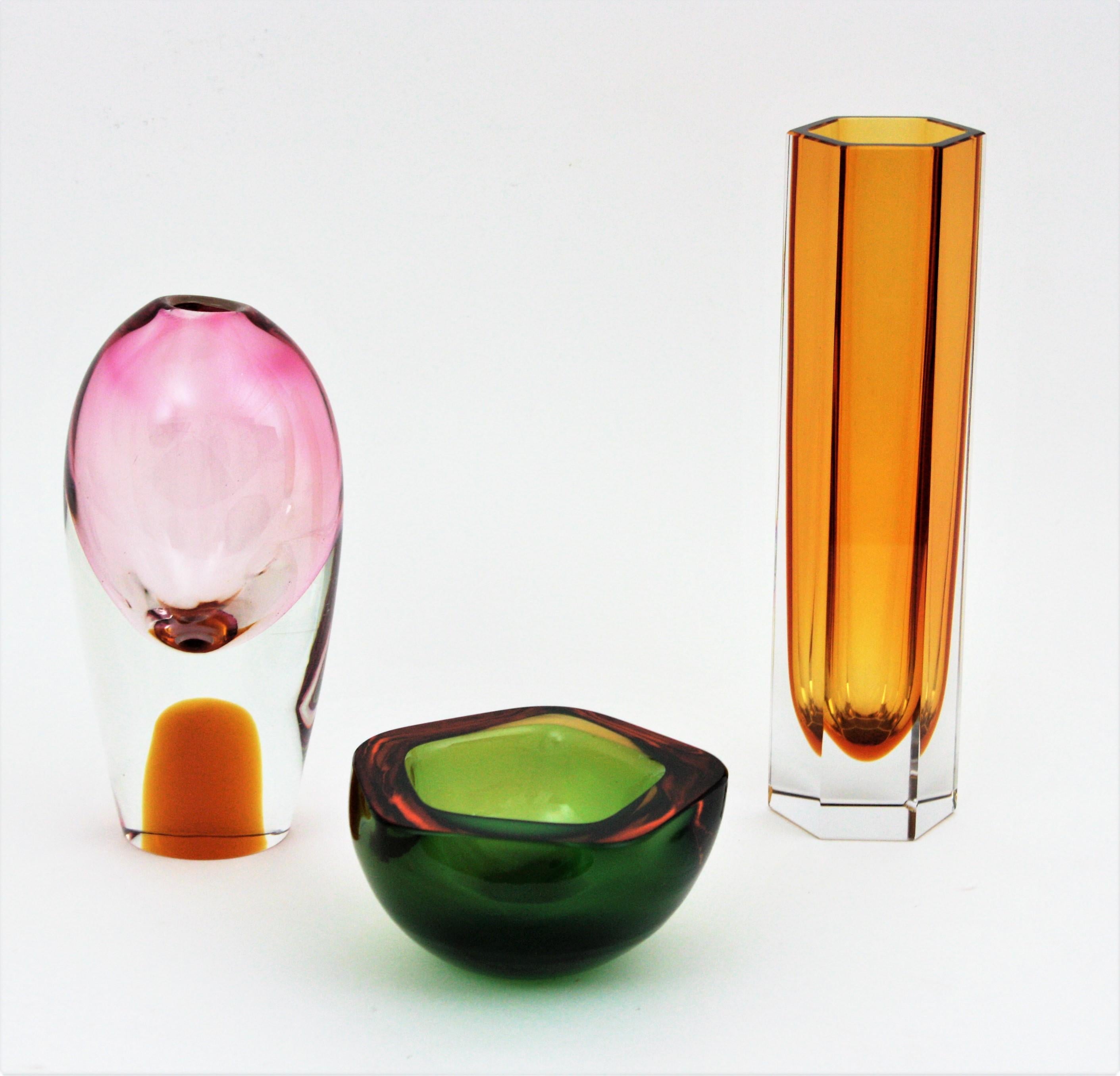 Italian Flavio Poli Seguso Murano Art Glass Sommerso Green Amber Bowl For Sale