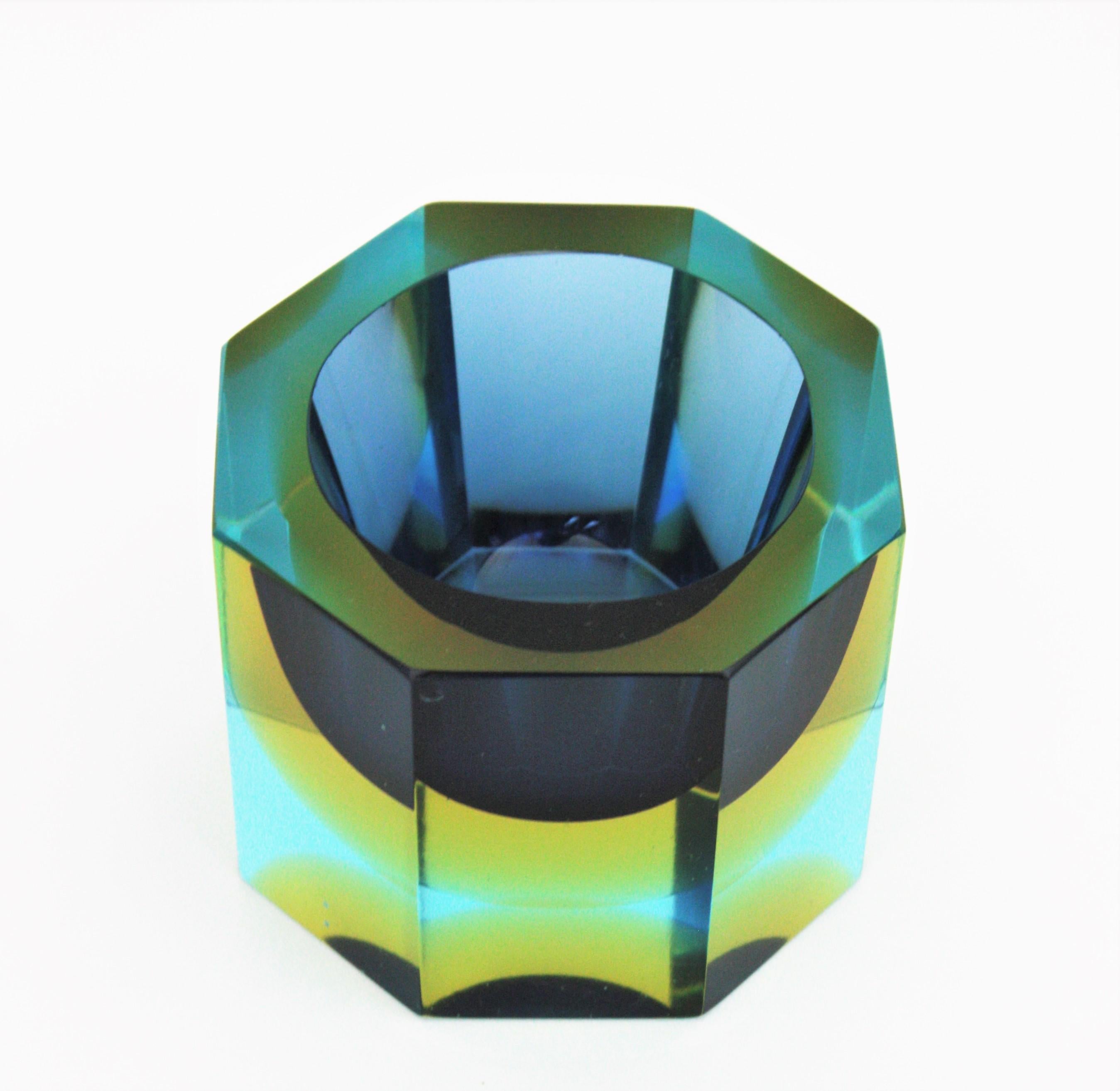 Flavio Poli Seguso Murano Blue Yellow Sommerso Octagonal Faceted Art Glass Bowl 3