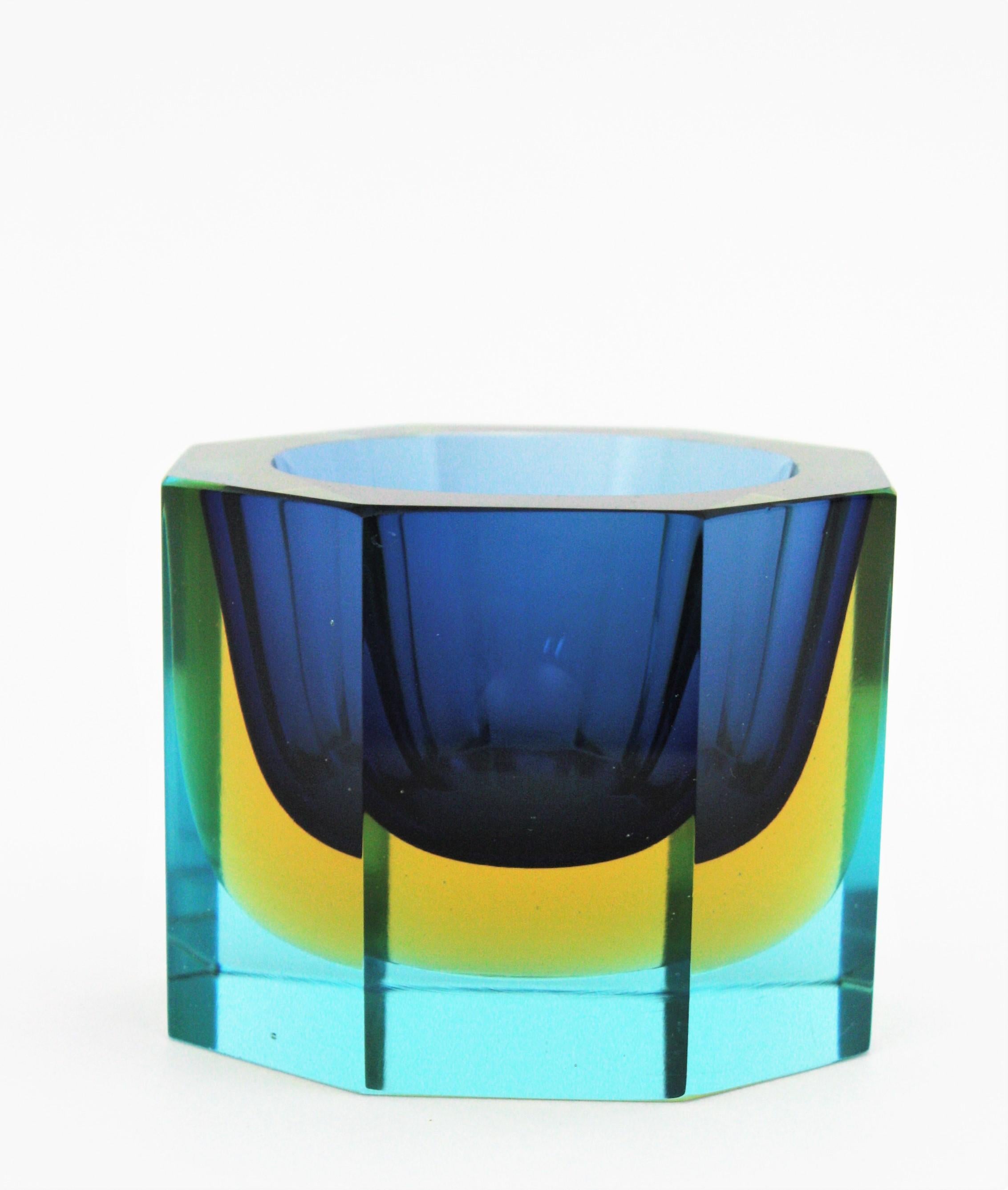 Murano Glass Flavio Poli Seguso Murano Blue Yellow Sommerso Octagonal Faceted Art Glass Bowl