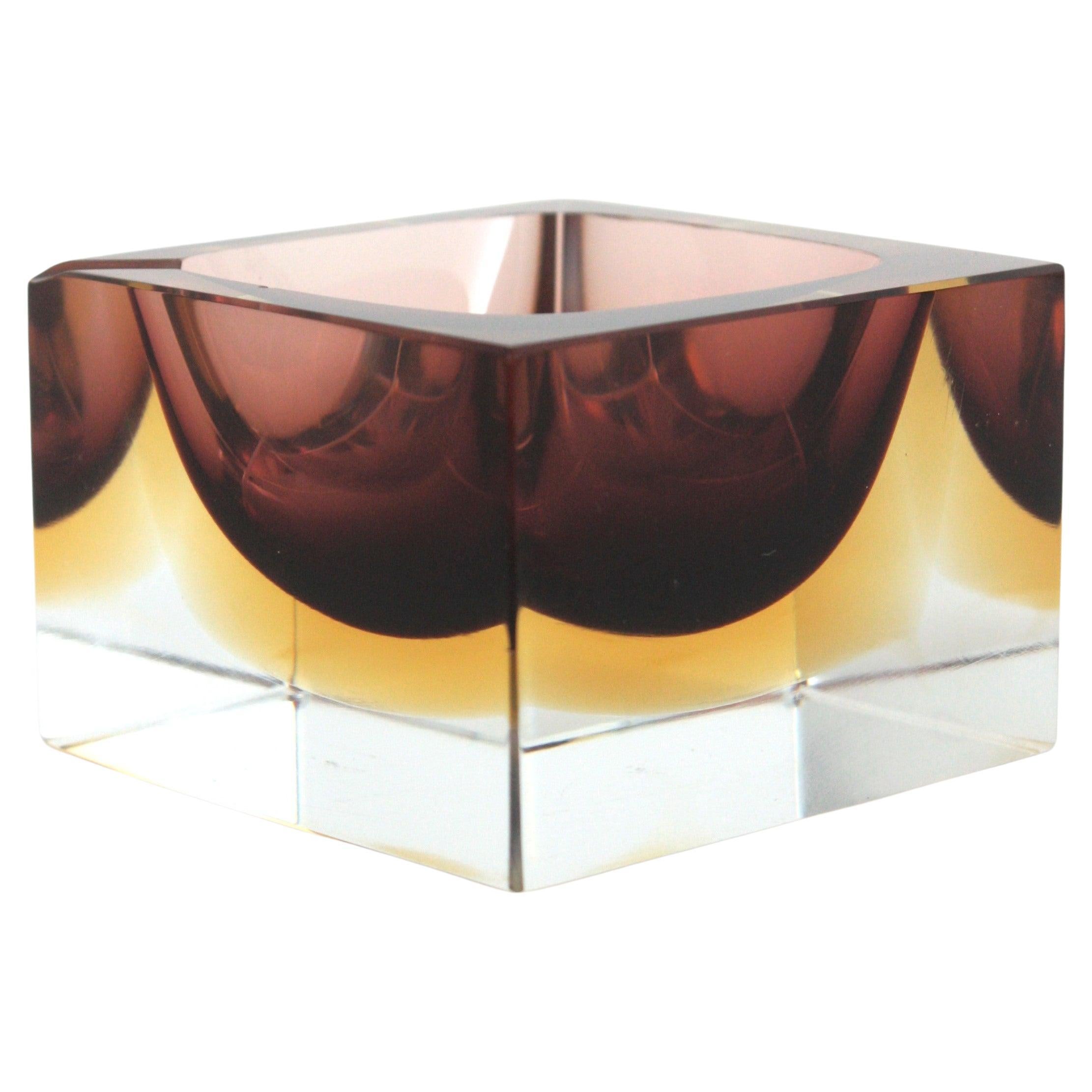 Flavio Poli Seguso Murano Brown Yellow Sommerso Faceted Glass Bowl / Ashtray