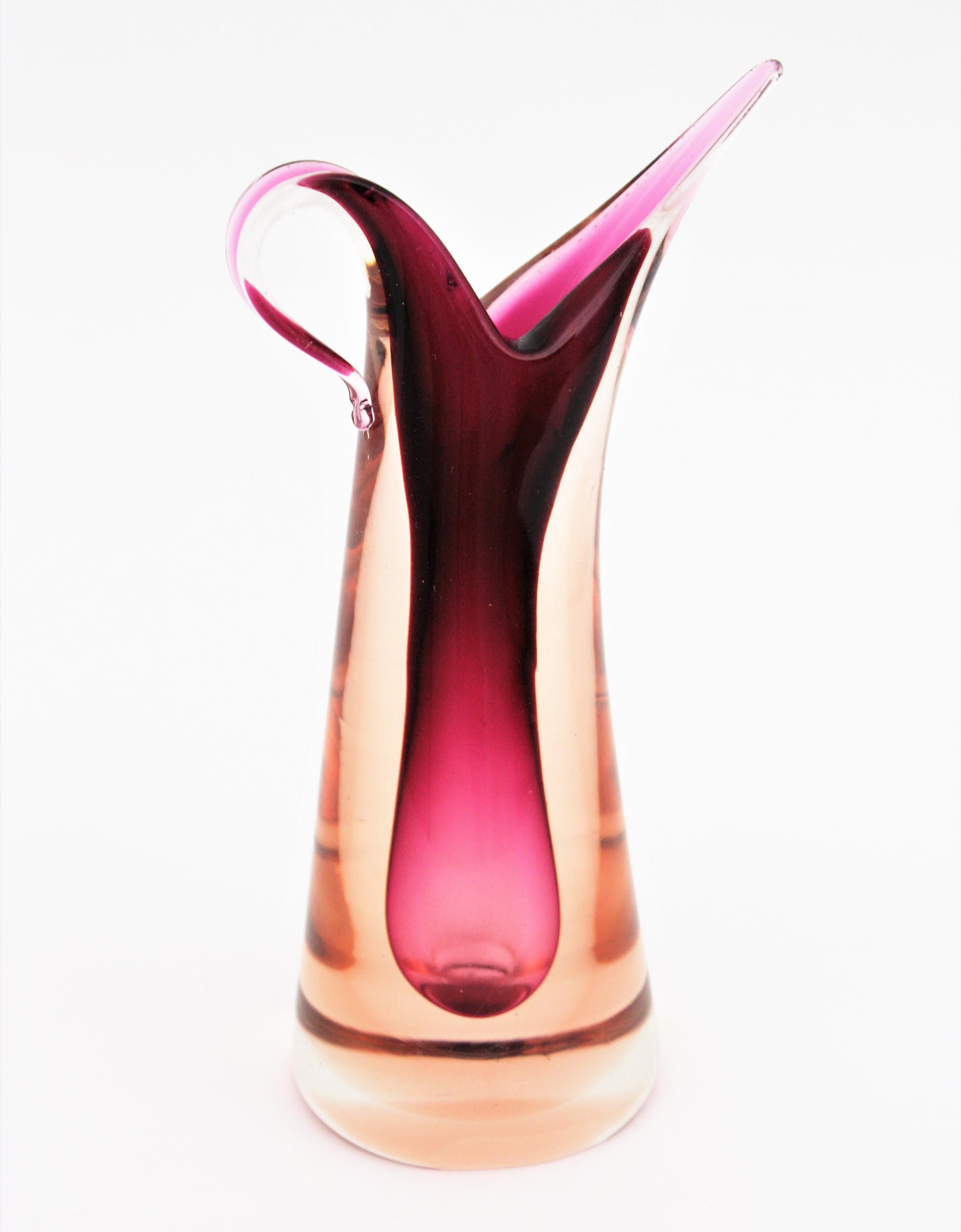 Italian Flavio Poli Seguso Murano Pink Fuchsia Purple Sommerso Art Glass Vase For Sale