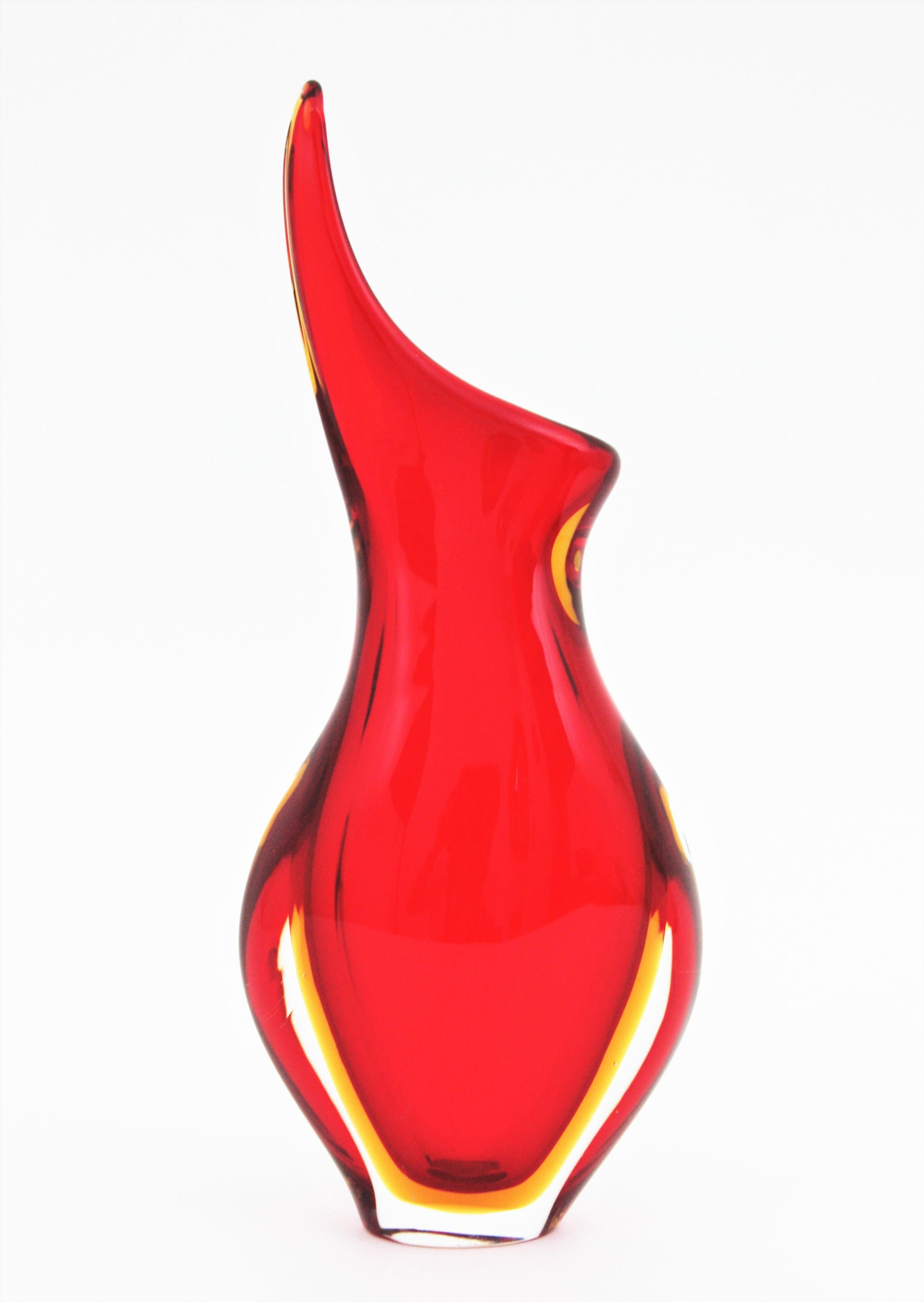Italian Flavio Poli Seguso Murano Red Yellow Sommerso Art Glass Vase For Sale