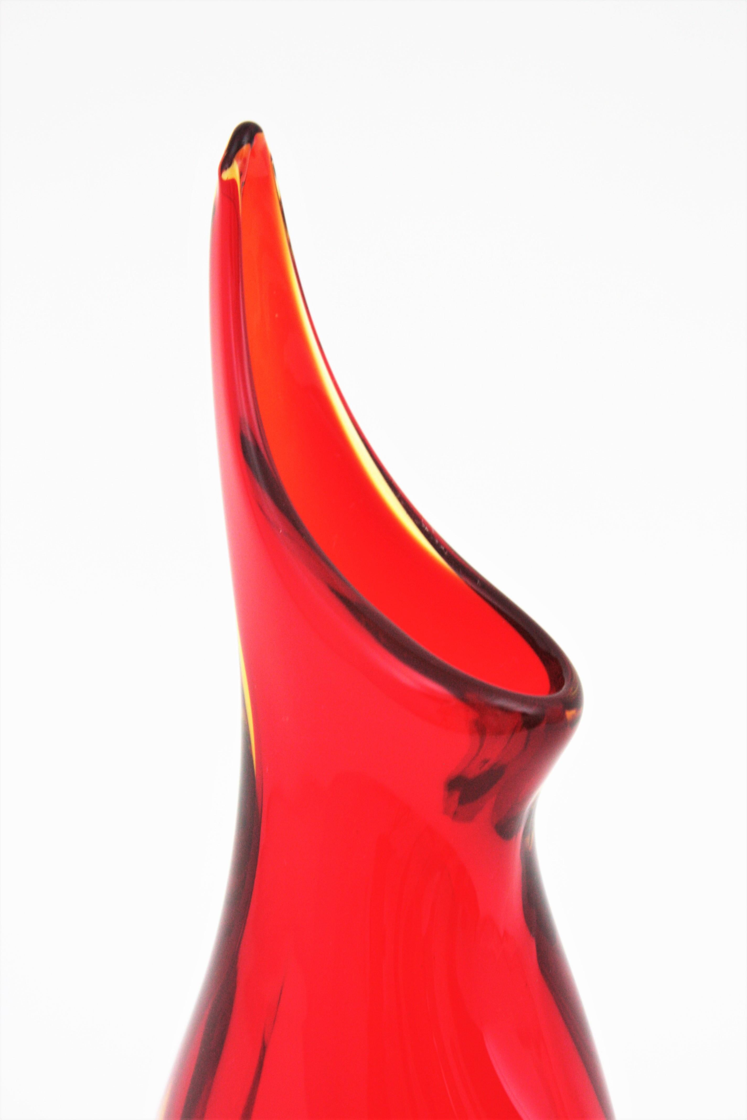 Hand-Crafted Flavio Poli Seguso Murano Red Yellow Sommerso Art Glass Vase For Sale