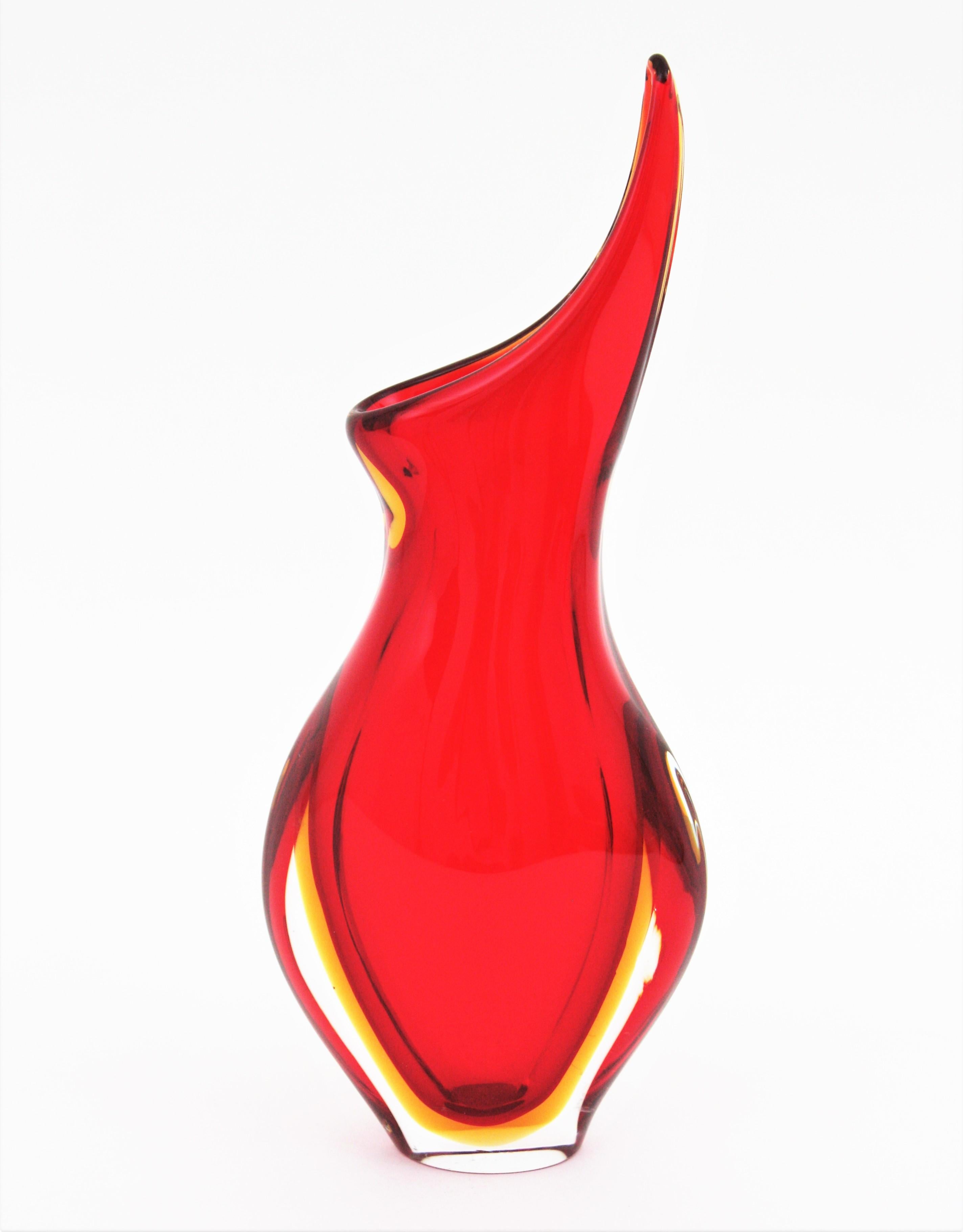 Flavio Poli Seguso Murano Red Yellow Sommerso Art Glass Vase For Sale 1
