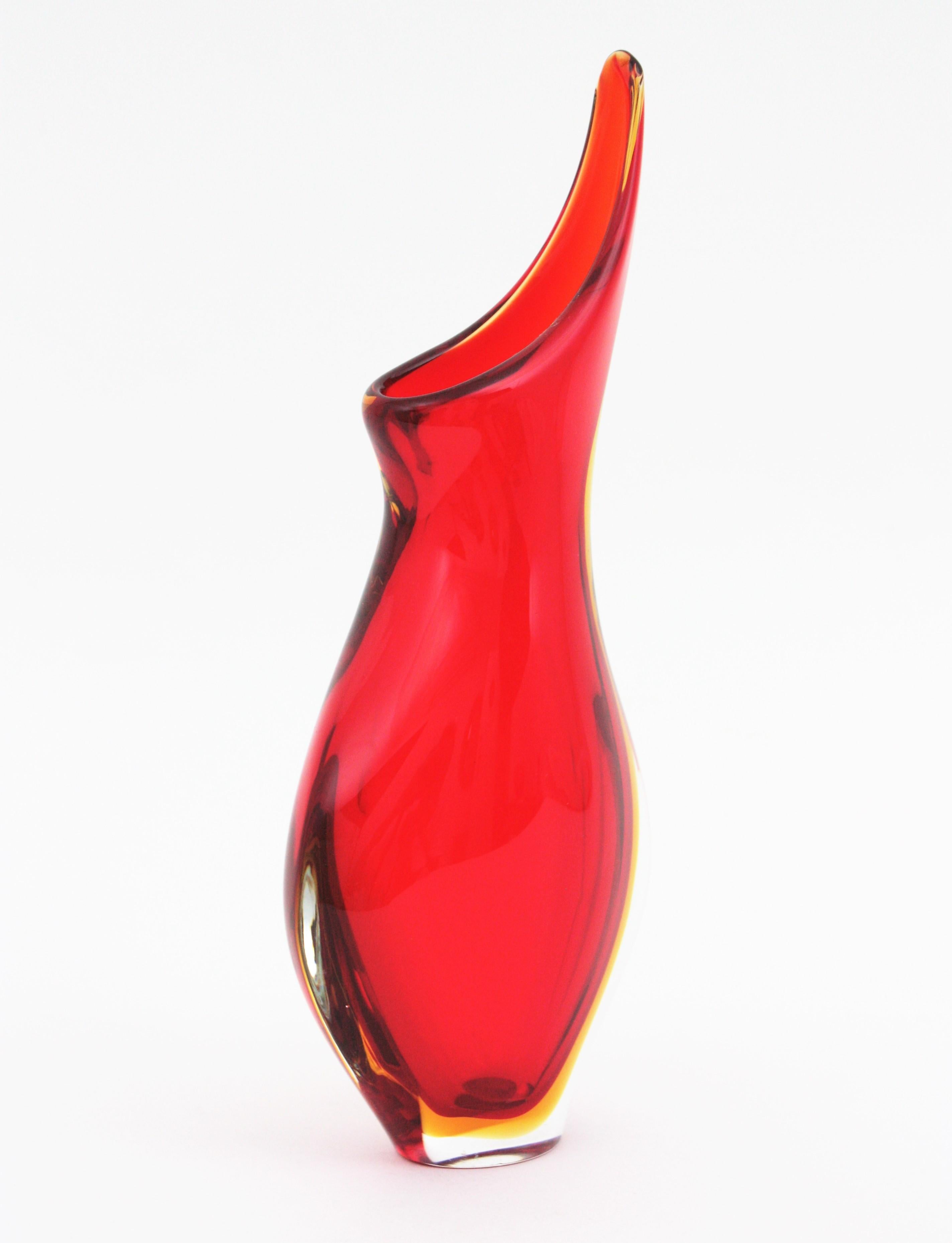 Flavio Poli Seguso Murano Red Yellow Sommerso Art Glass Vase For Sale 2