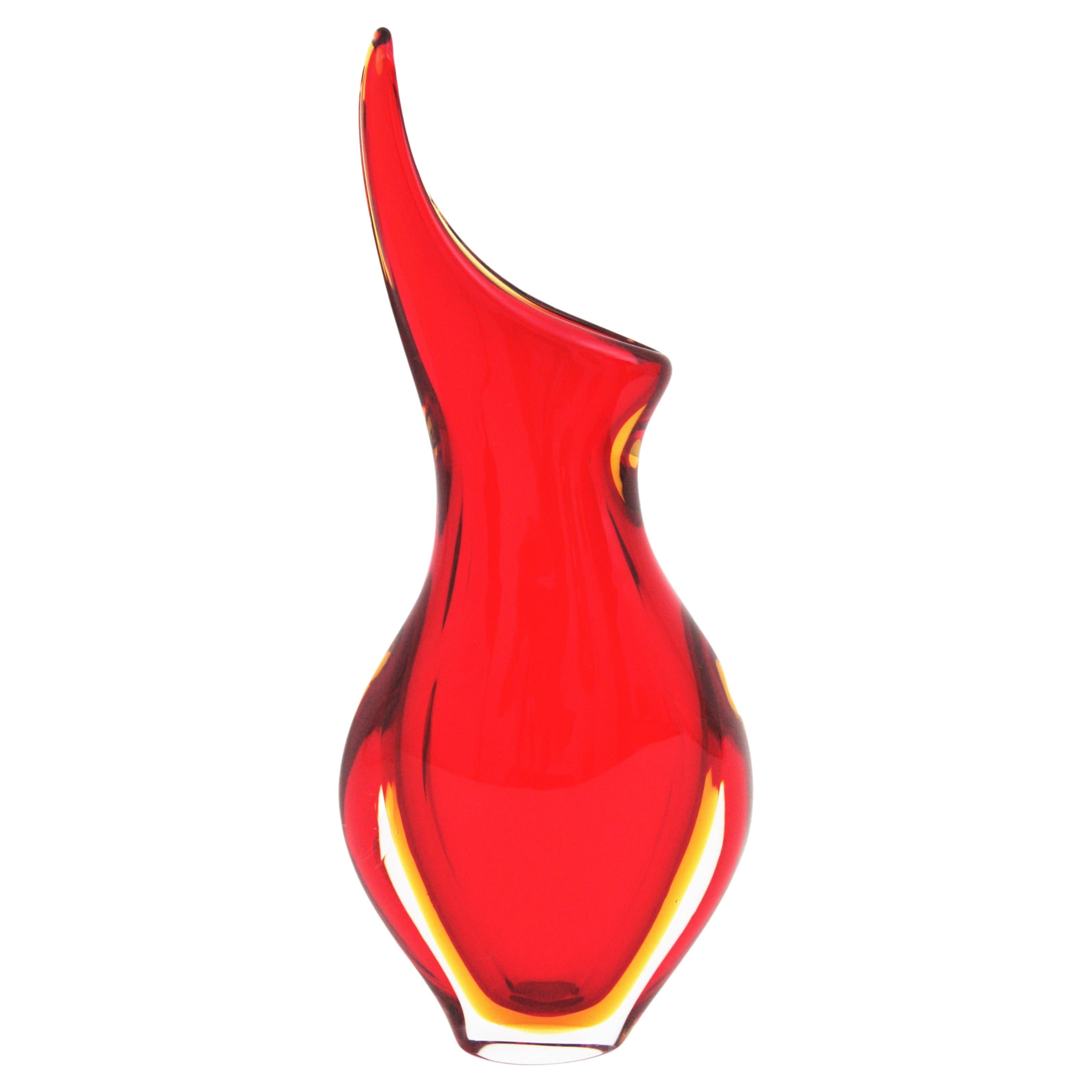 Vase en verre d'art Flavio Poli Seguso Murano Red Yellow Sommerso en vente